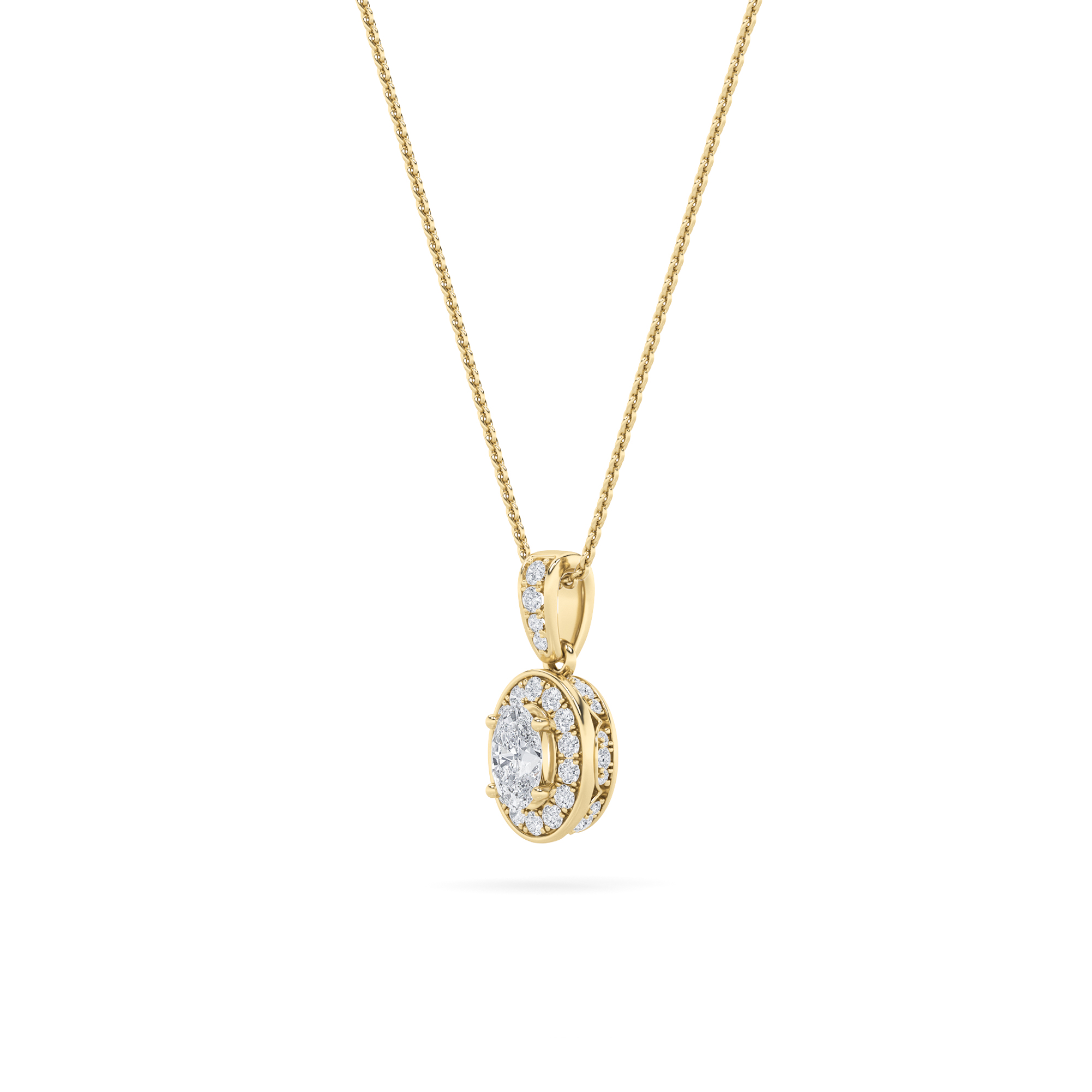 Oval Shaped Lab Grown Diamond (F/VS) Halo Pendant in 14K Gold