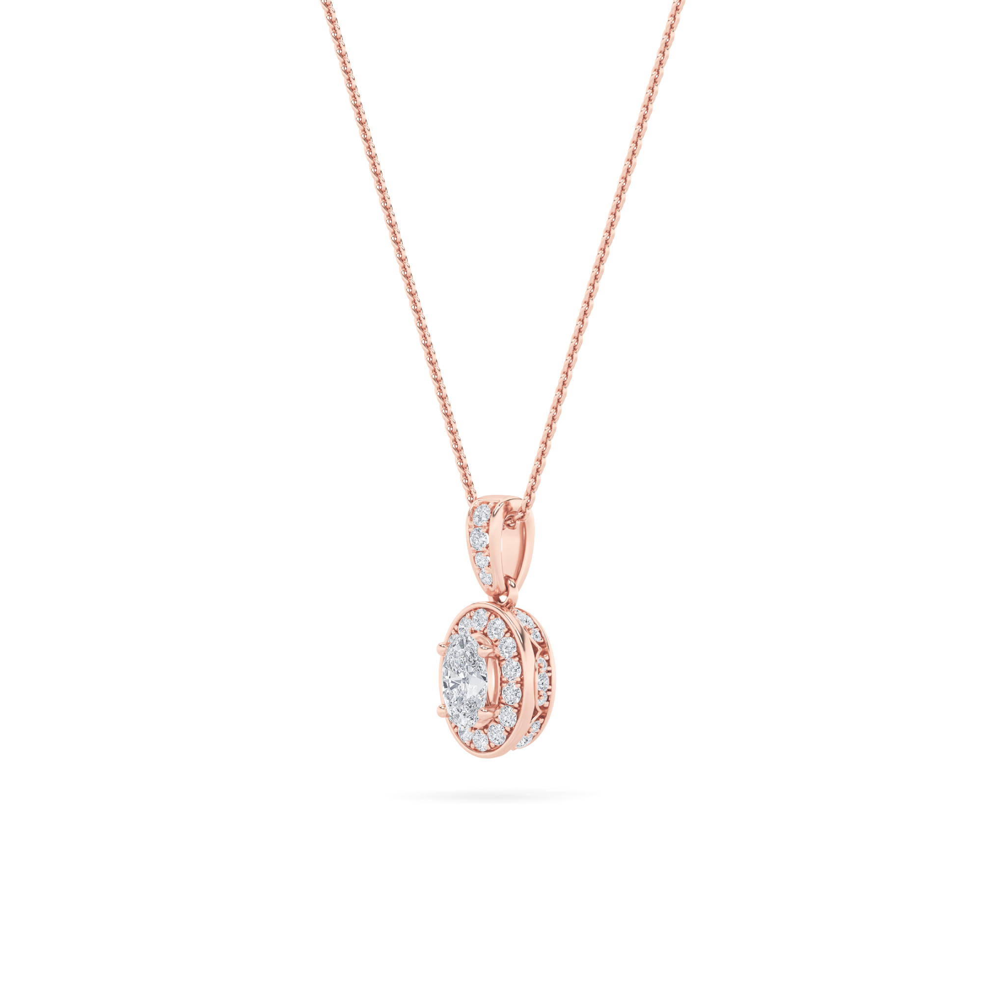 Oval Shaped Lab Grown Diamond (F/VS) Halo Pendant in 14K Gold