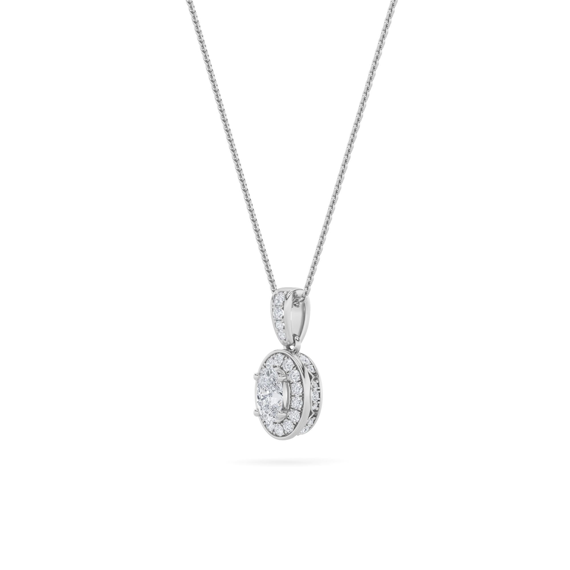 Oval Shaped Lab Grown Diamond (F/VS) Halo Pendant in 14K Gold