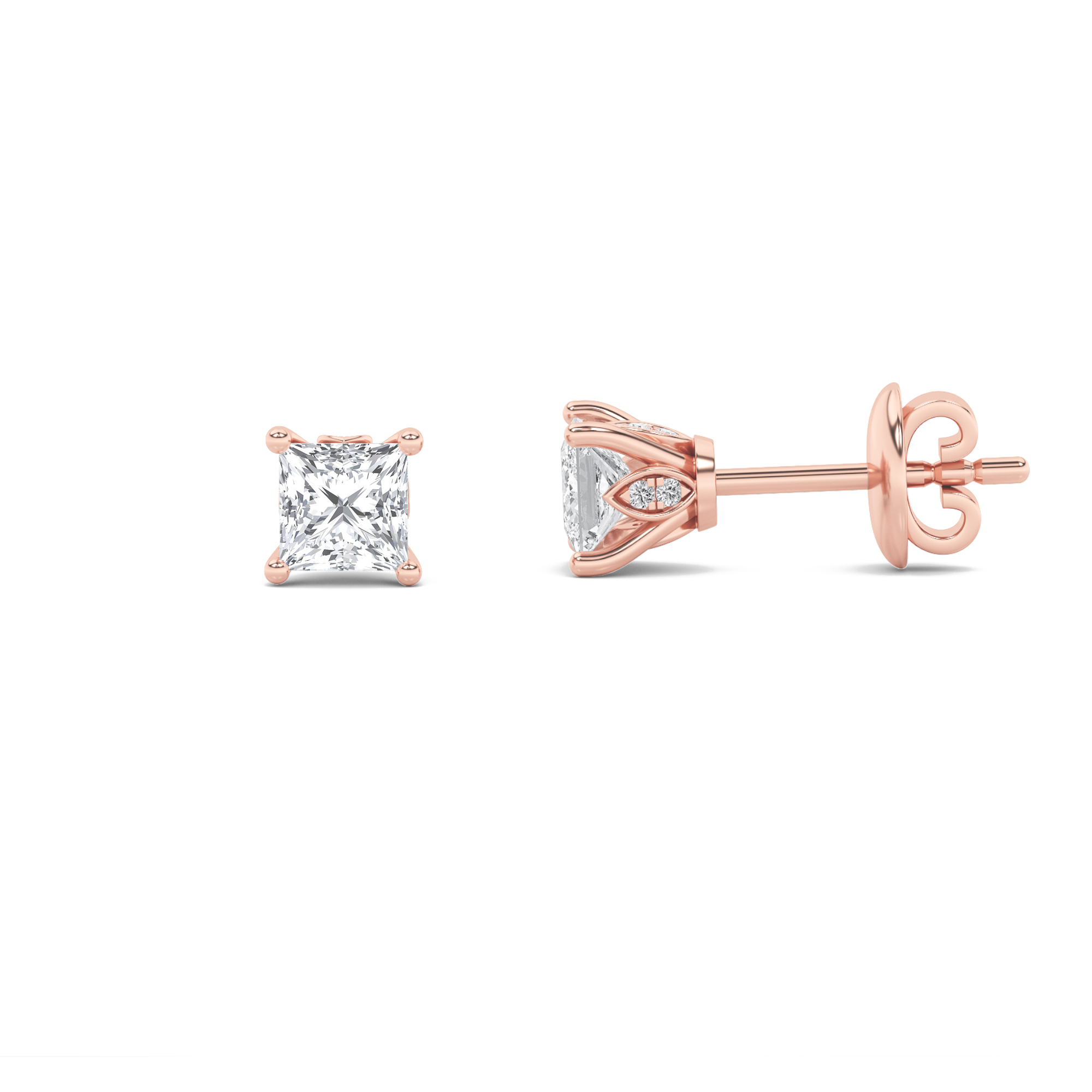Princess Shaped Lab Grown Diamond (F/VS) Tulip Head Stud Earrings in 14K Gold
