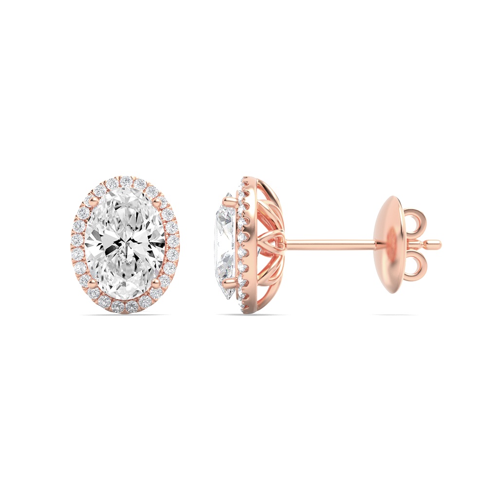 Oval Shaped Lab Grown Diamond (F/VS) Halo Stud Earrings in 14K Gold