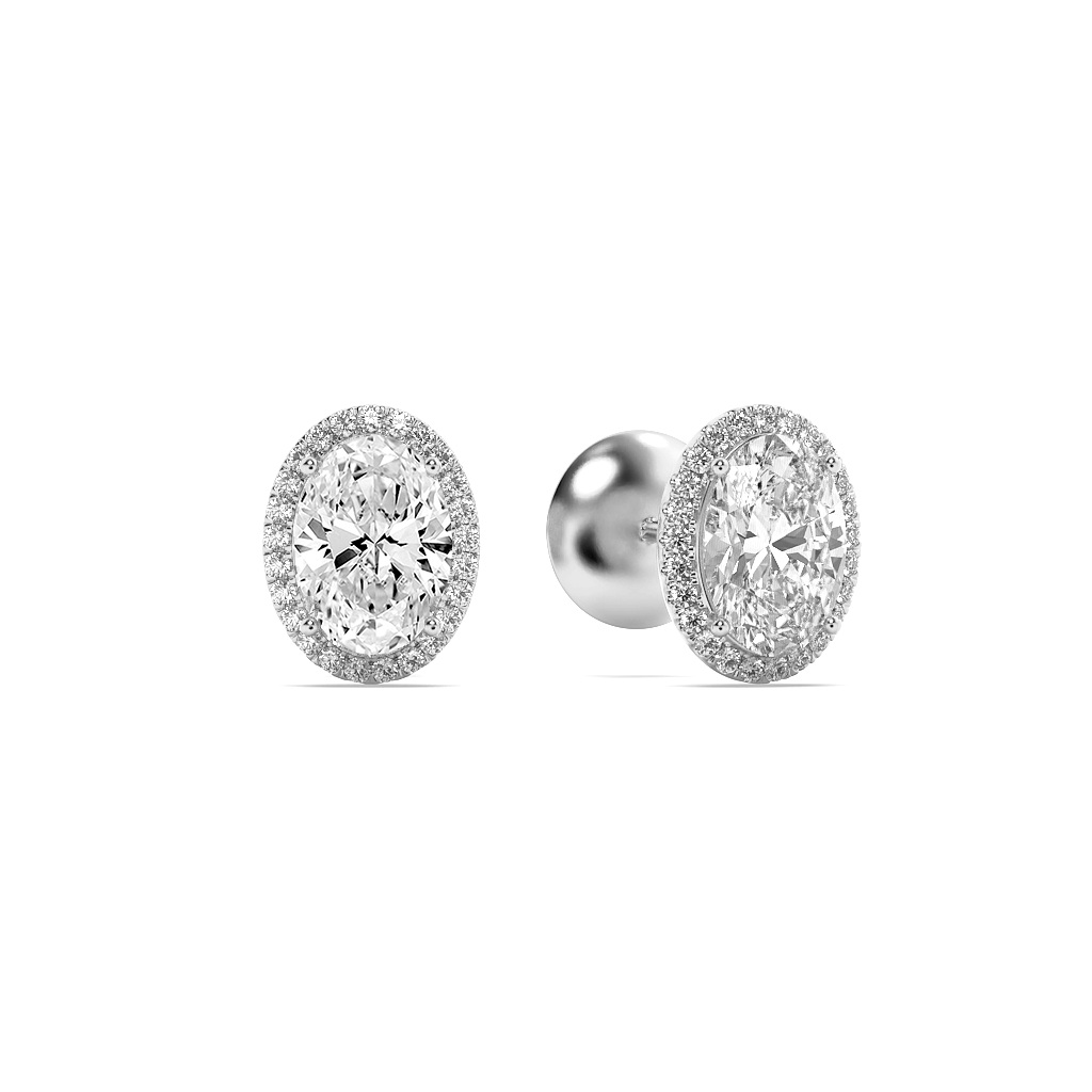 Oval Shaped Lab Grown Diamond (F/VS) Halo Stud Earrings in 14K Gold