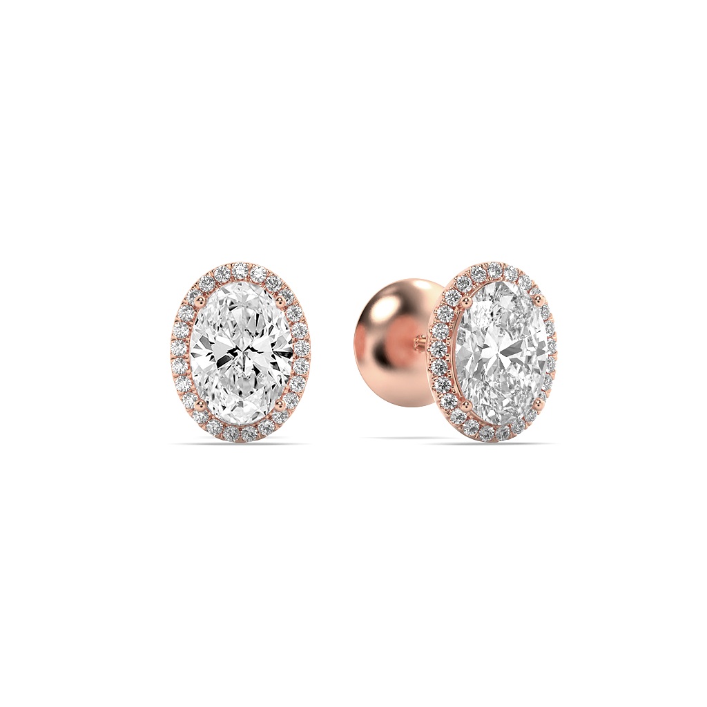 Oval Shaped Lab Grown Diamond (F/VS) Halo Stud Earrings in 14K Gold