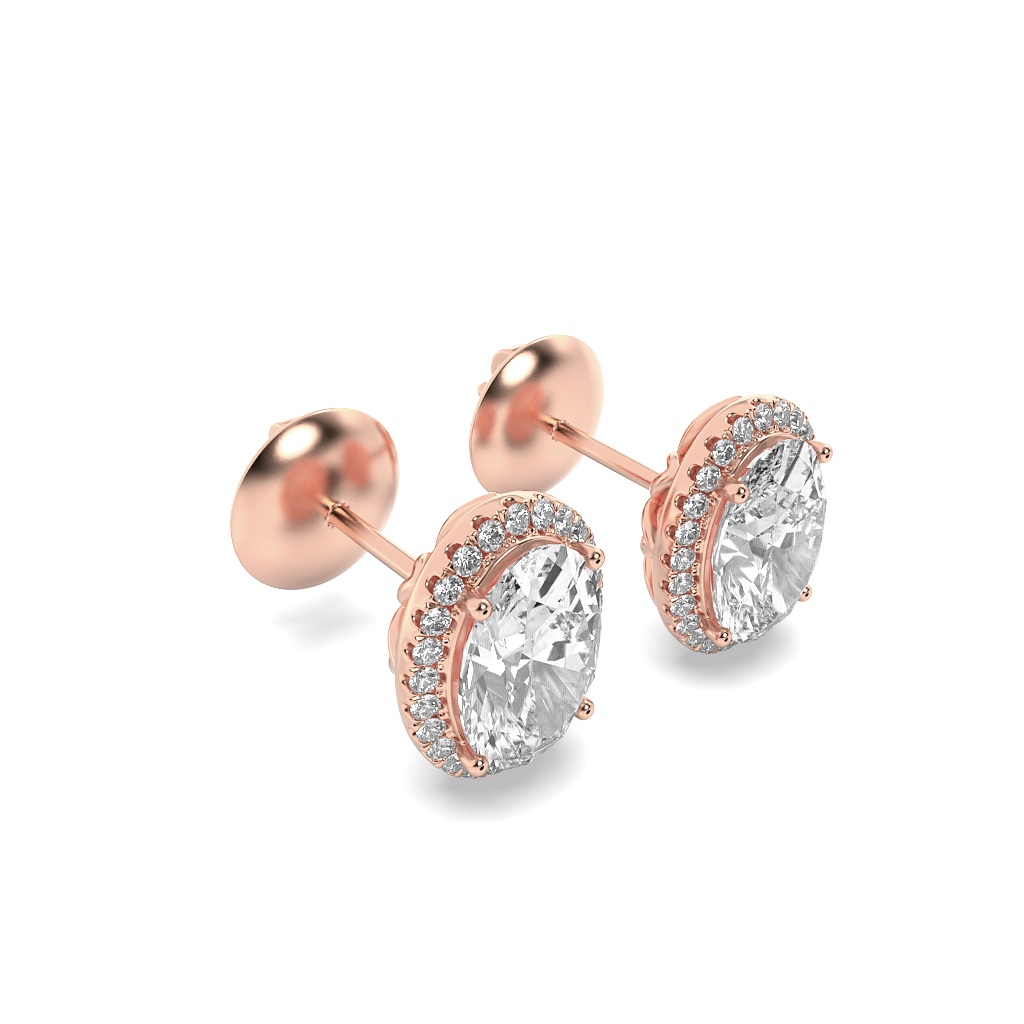 Oval Shaped Lab Grown Diamond (F/VS) Halo Stud Earrings in 14K Gold
