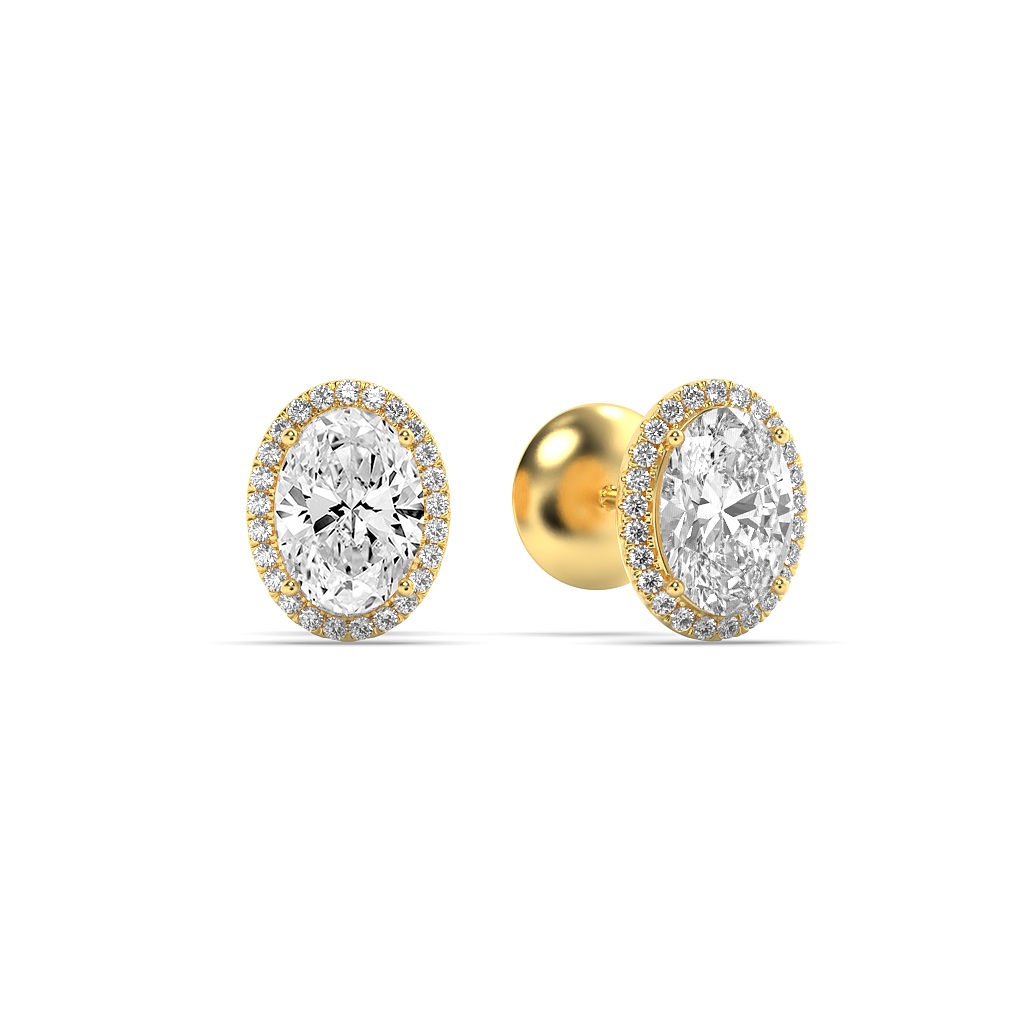 Oval Shaped Lab Grown Diamond (F/VS) Halo Stud Earrings in 14K Gold