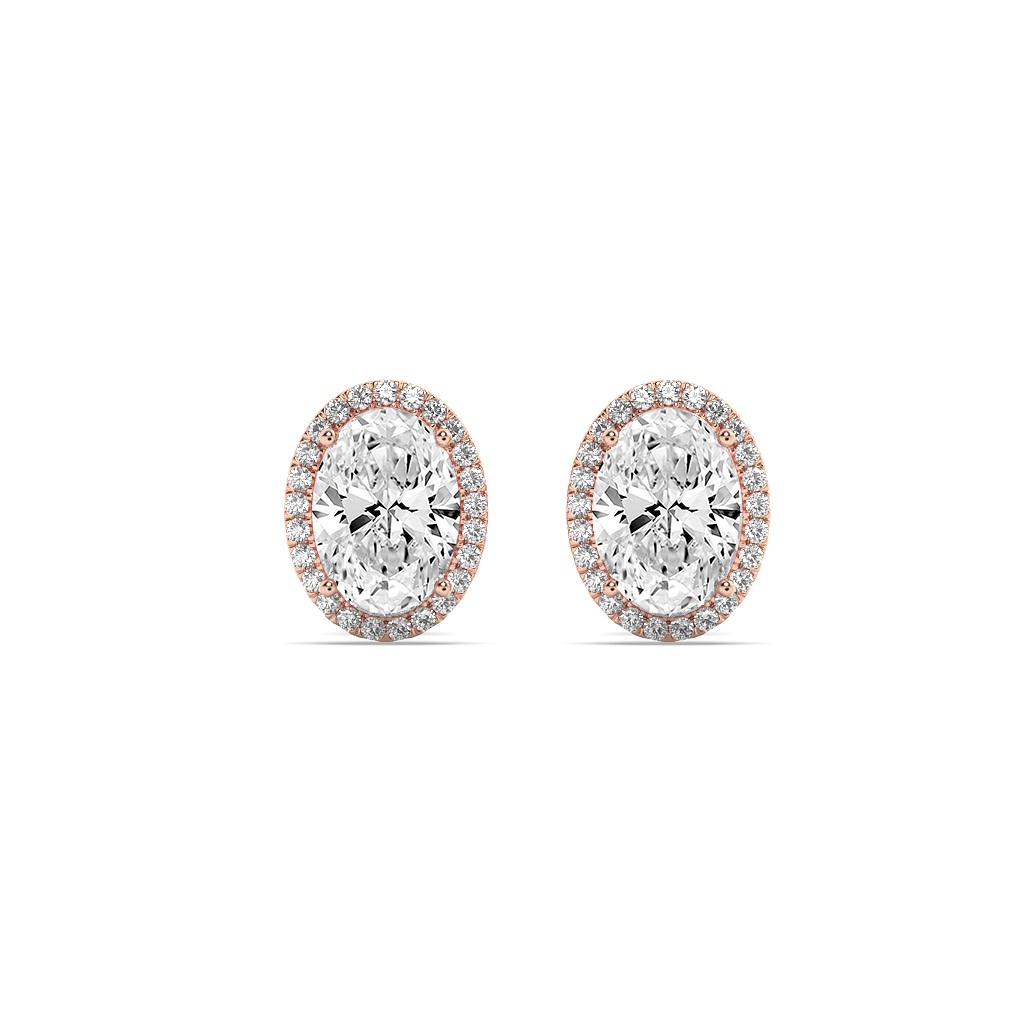 Oval Shaped Lab Grown Diamond (F/VS) Halo Stud Earrings in 14K Gold