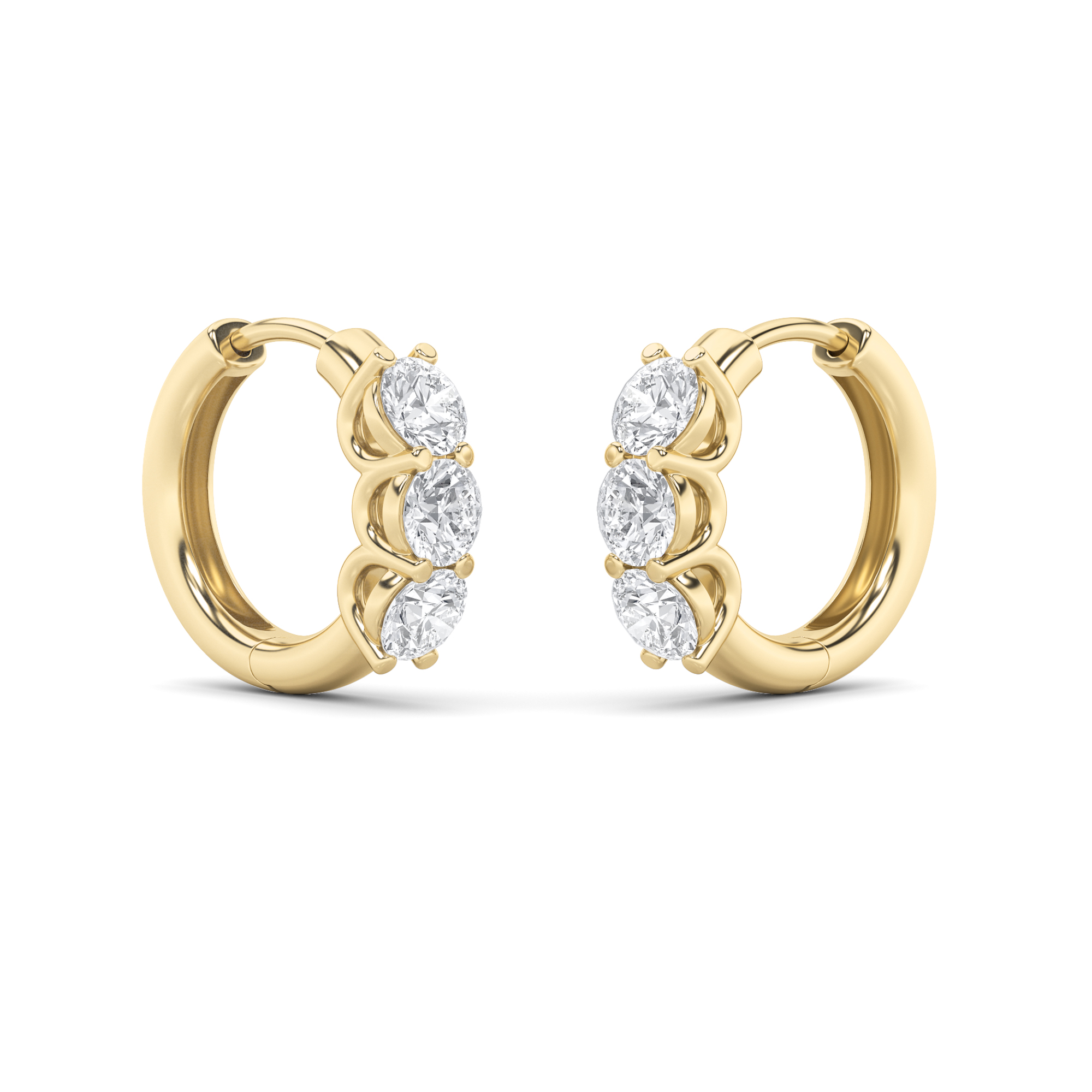 Round Shaped Lab Grown Diamond (F/VS) Three Stone Huggie Earrings in 14K Gold