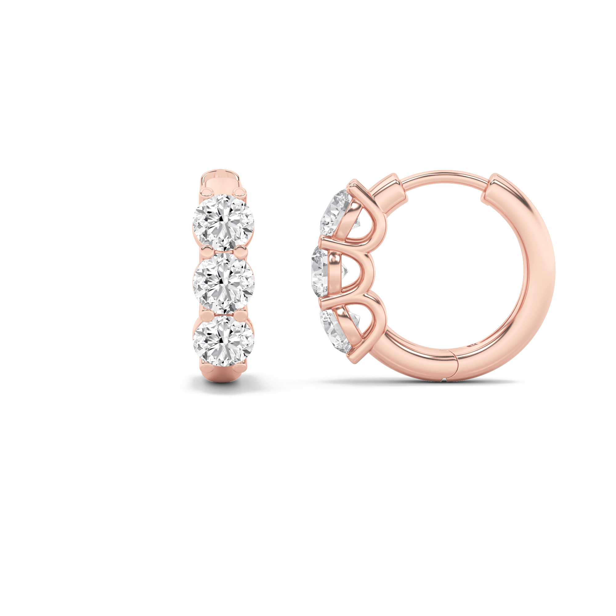 Round Shaped Lab Grown Diamond (F/VS) Three Stone Huggie Earrings in 14K Gold