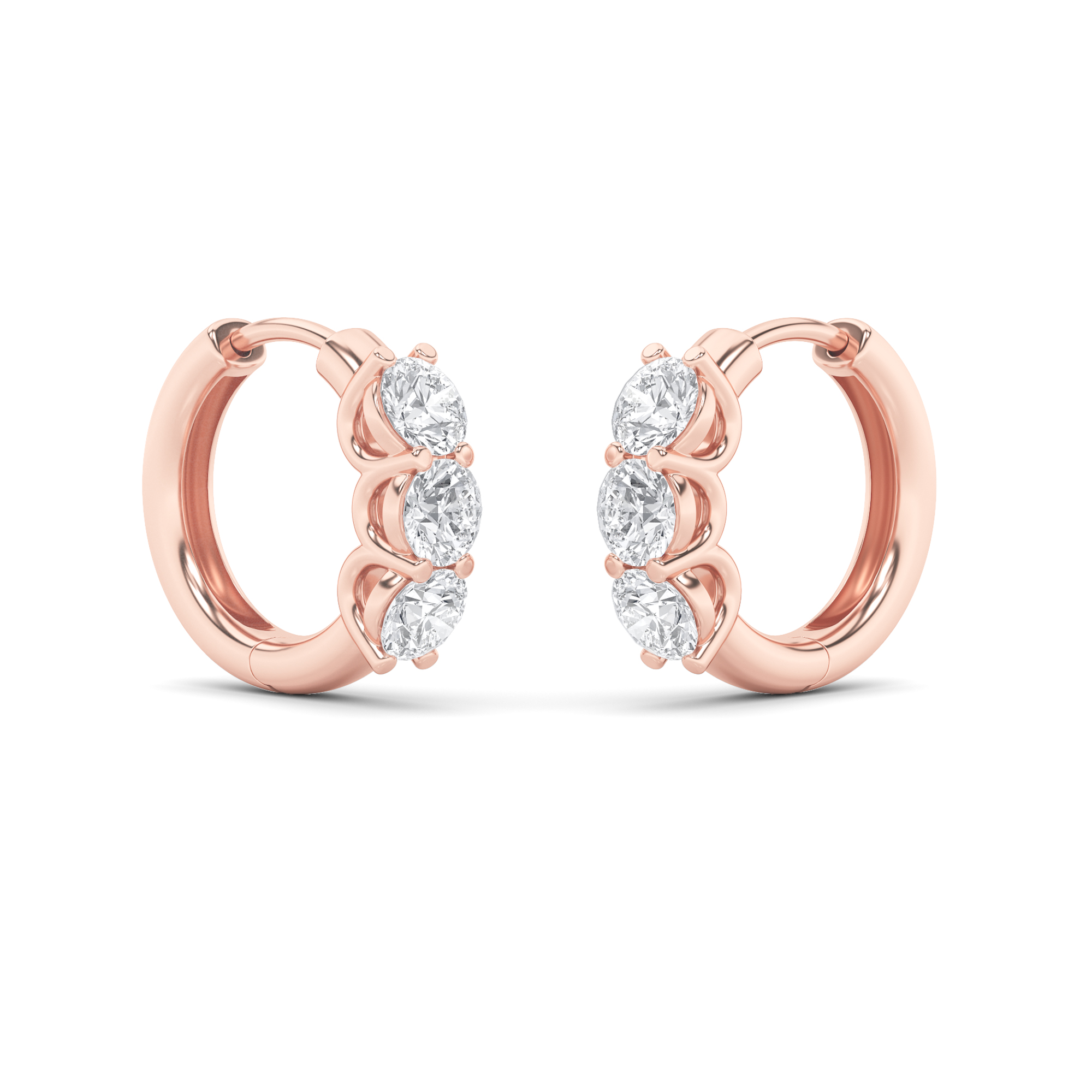 Round Shaped Lab Grown Diamond (F/VS) Three Stone Huggie Earrings in 14K Gold