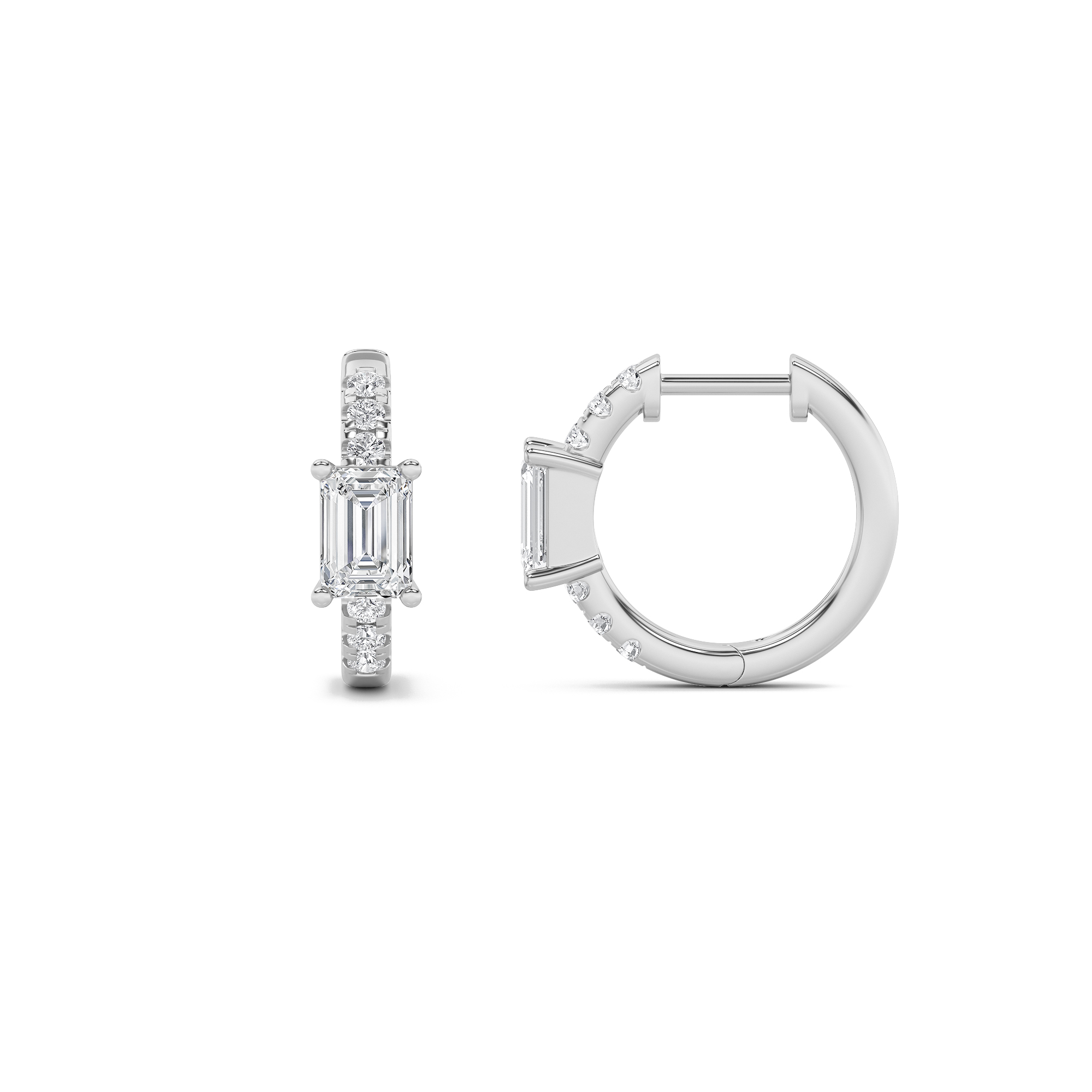 Emerald Shaped Lab Grown Diamond (F/VS) Accented Huggie Earrings in 14K Yellow Gold