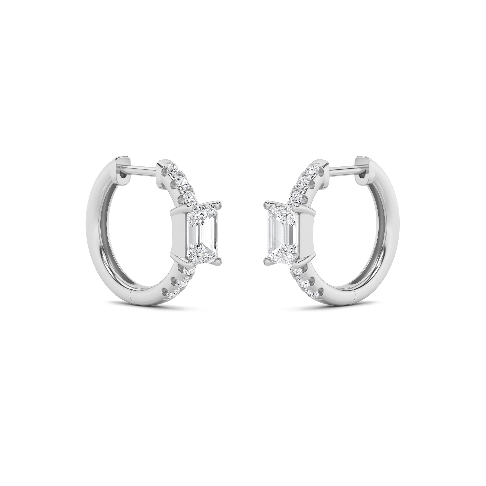 Emerald Shaped Lab Grown Diamond (F/VS) Accented Huggie Earrings in 14K Yellow Gold