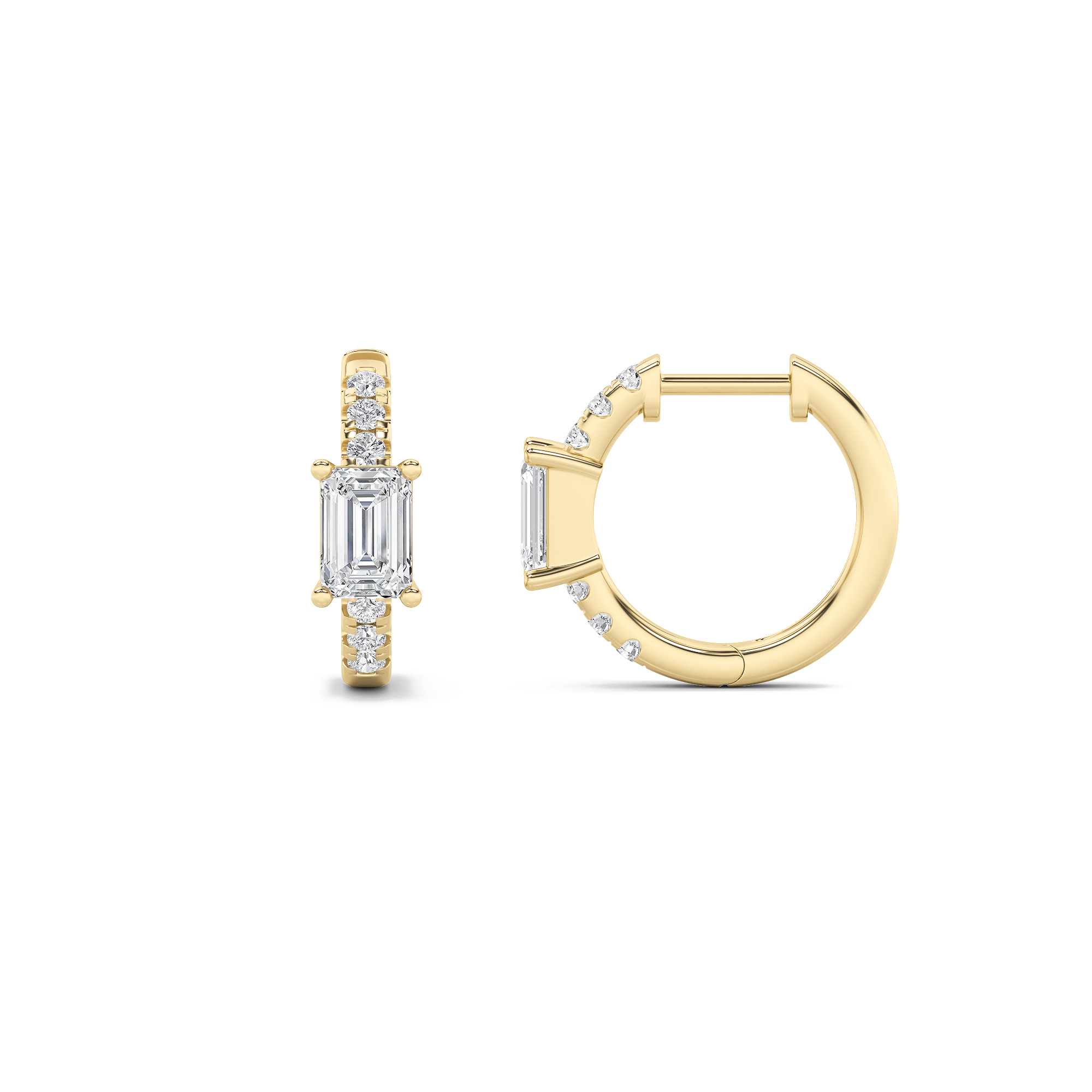 Emerald Shaped Lab Grown Diamond (F/VS) Accented Huggie Earrings in 14K Yellow Gold