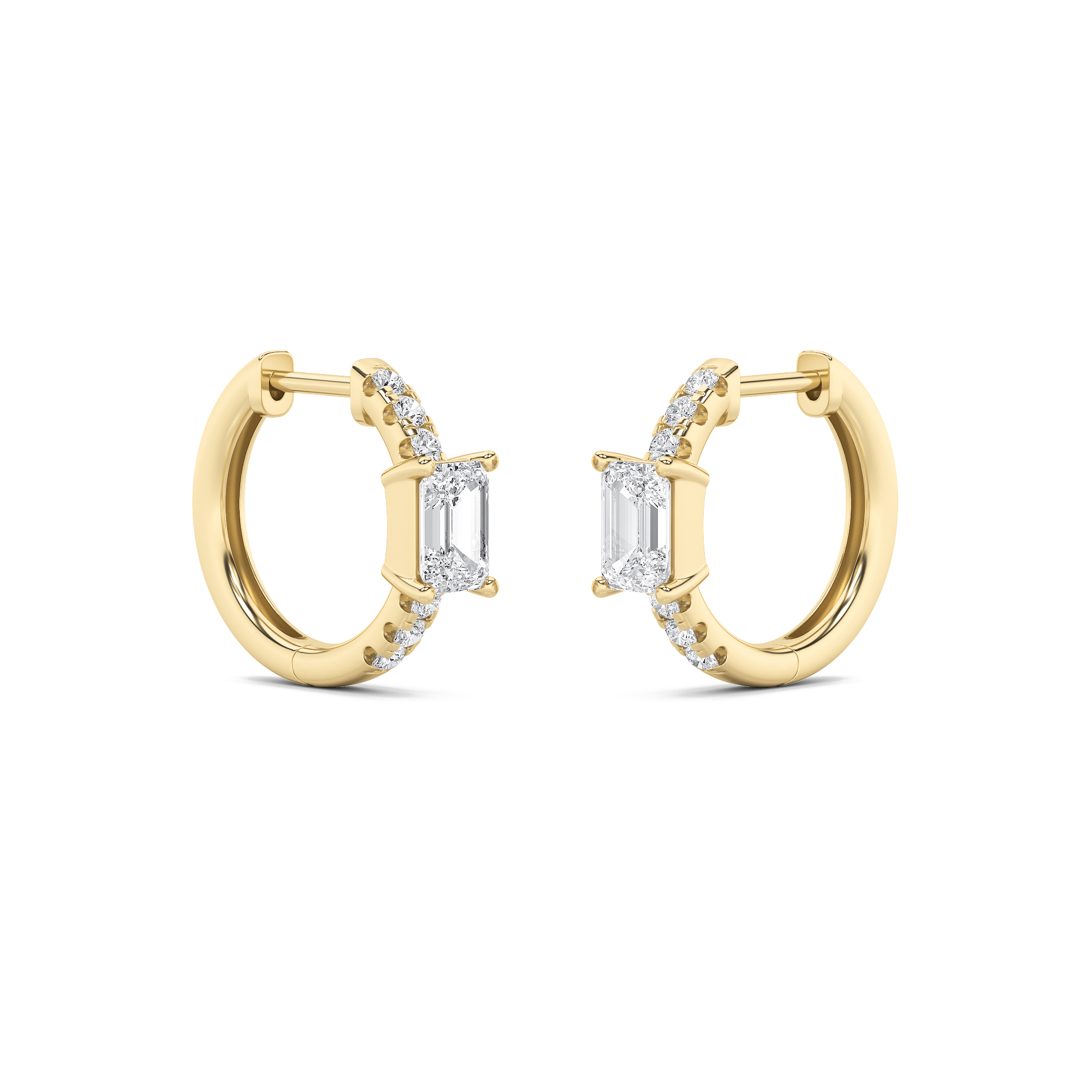 Emerald Shaped Lab Grown Diamond (F/VS) Accented Huggie Earrings in 14K Yellow Gold