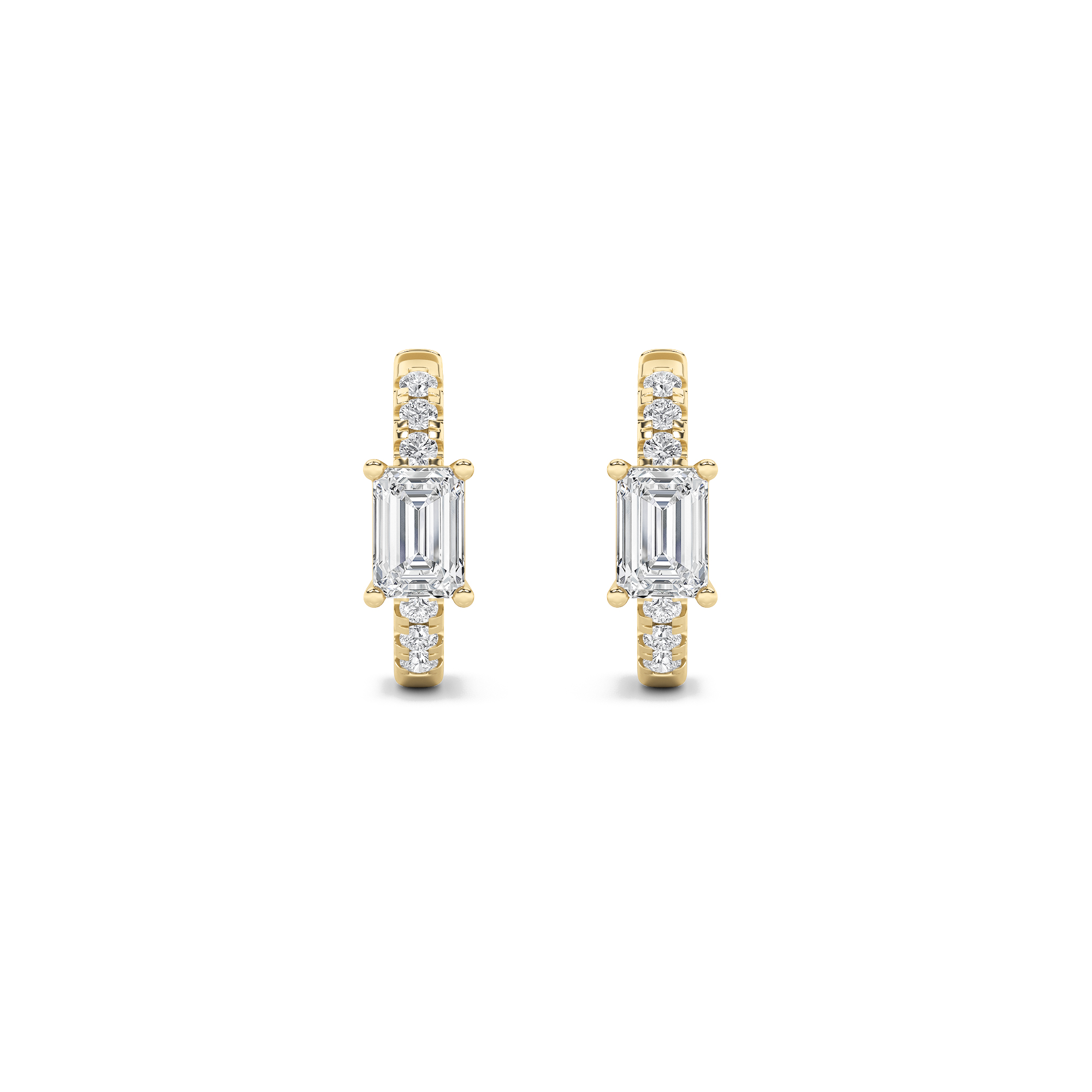 Emerald Shaped Lab Grown Diamond (F/VS) Accented Huggie Earrings in 14K Yellow Gold