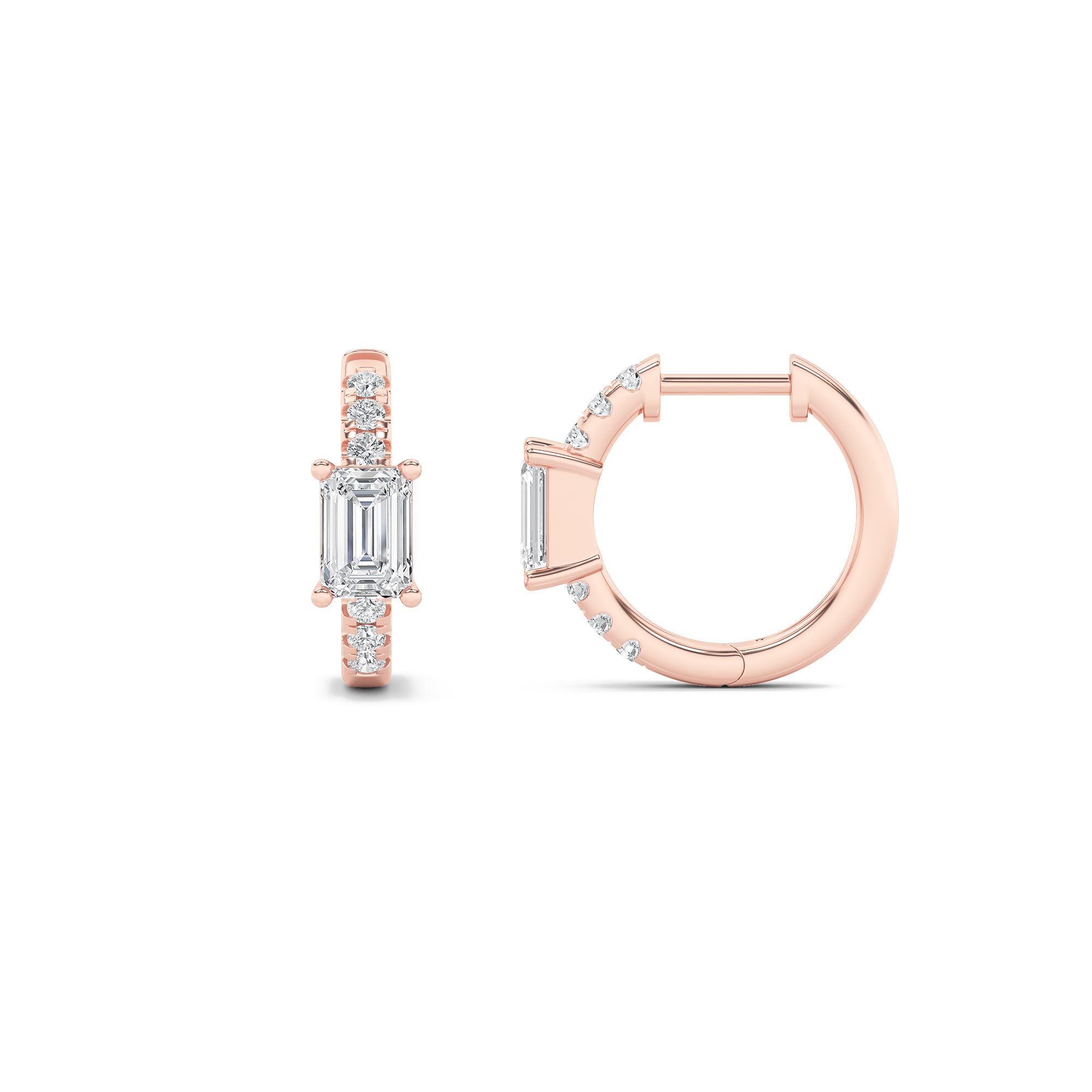 Emerald Shaped Lab Grown Diamond (F/VS) Accented Huggie Earrings in 14K Yellow Gold