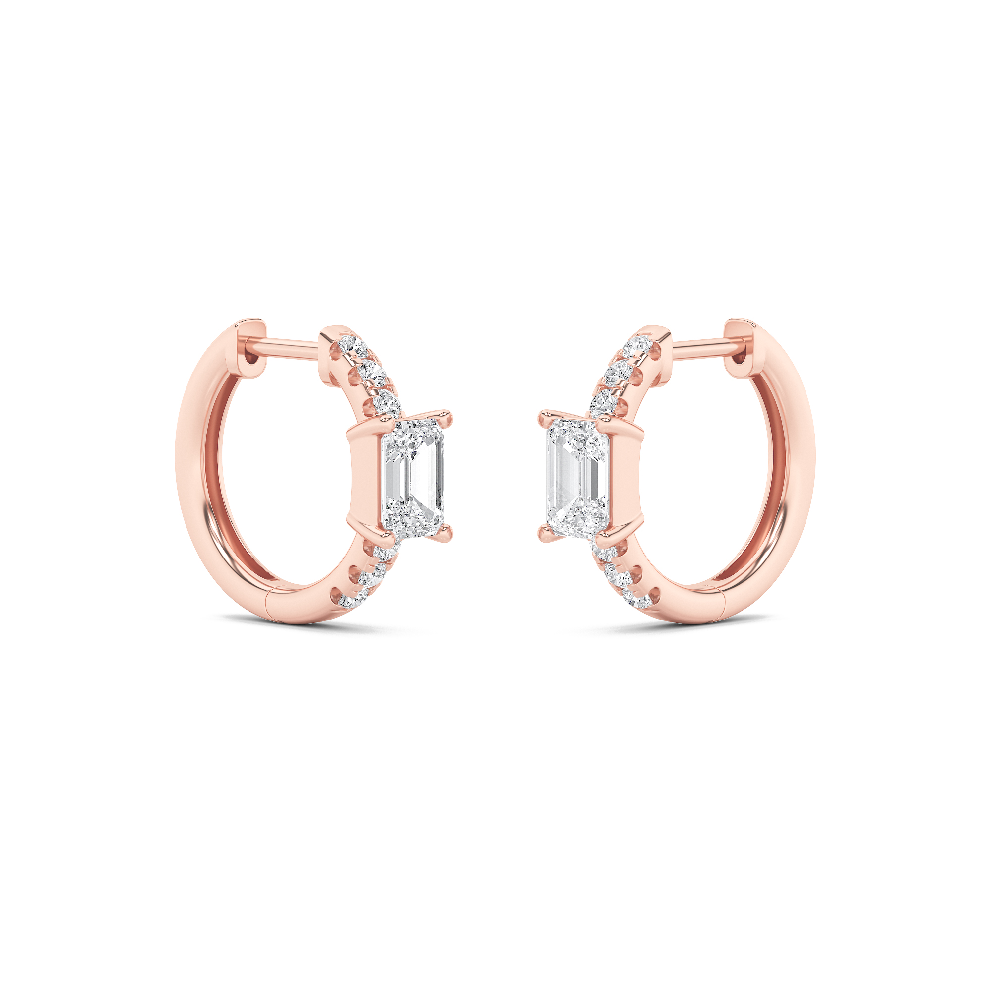 Emerald Shaped Lab Grown Diamond (F/VS) Accented Huggie Earrings in 14K Yellow Gold