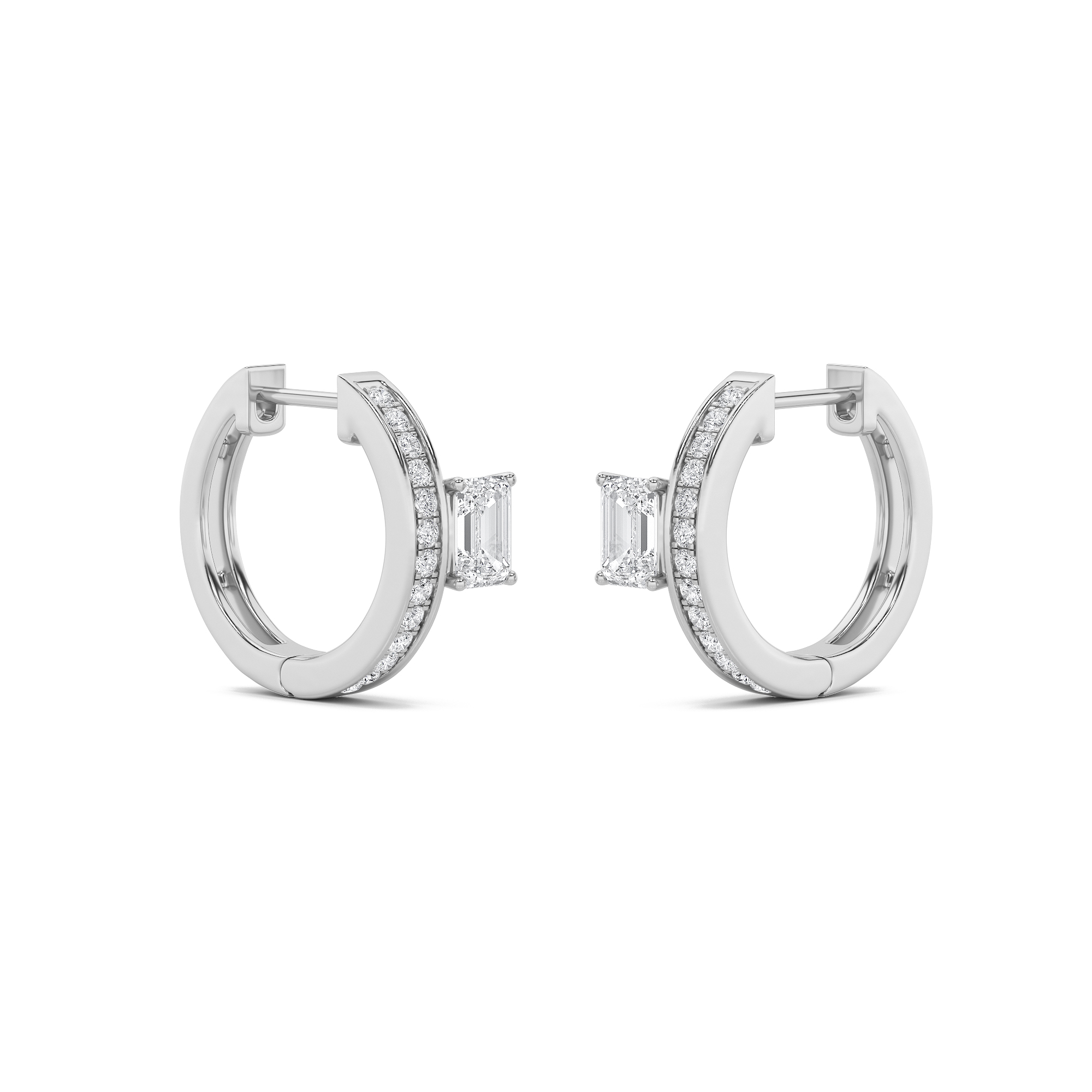 Emerald Shaped Lab Grown Diamond (F/VS) Accented Huggie Earrings in 14K Gold