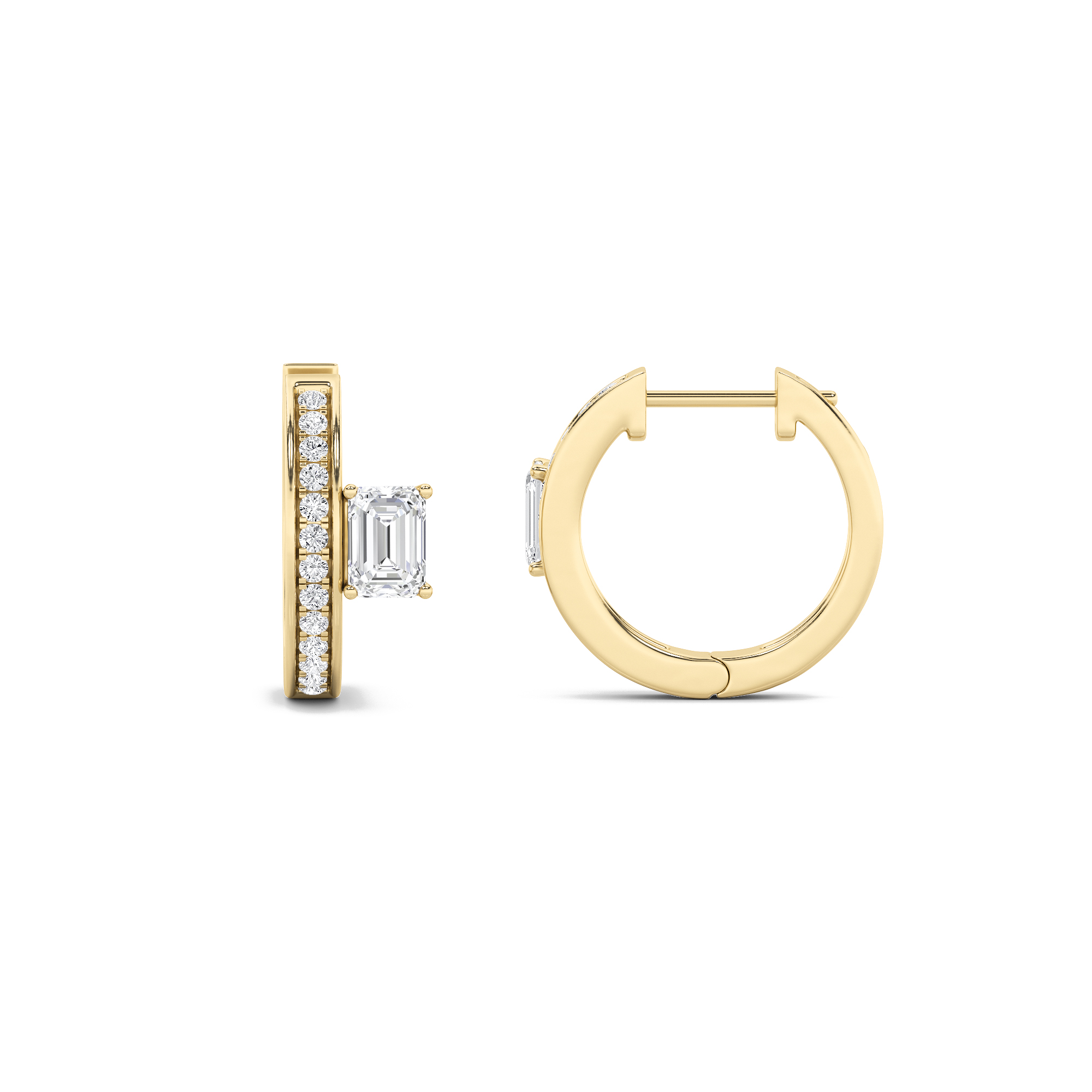 Emerald Shaped Lab Grown Diamond (F/VS) Accented Huggie Earrings in 14K Gold
