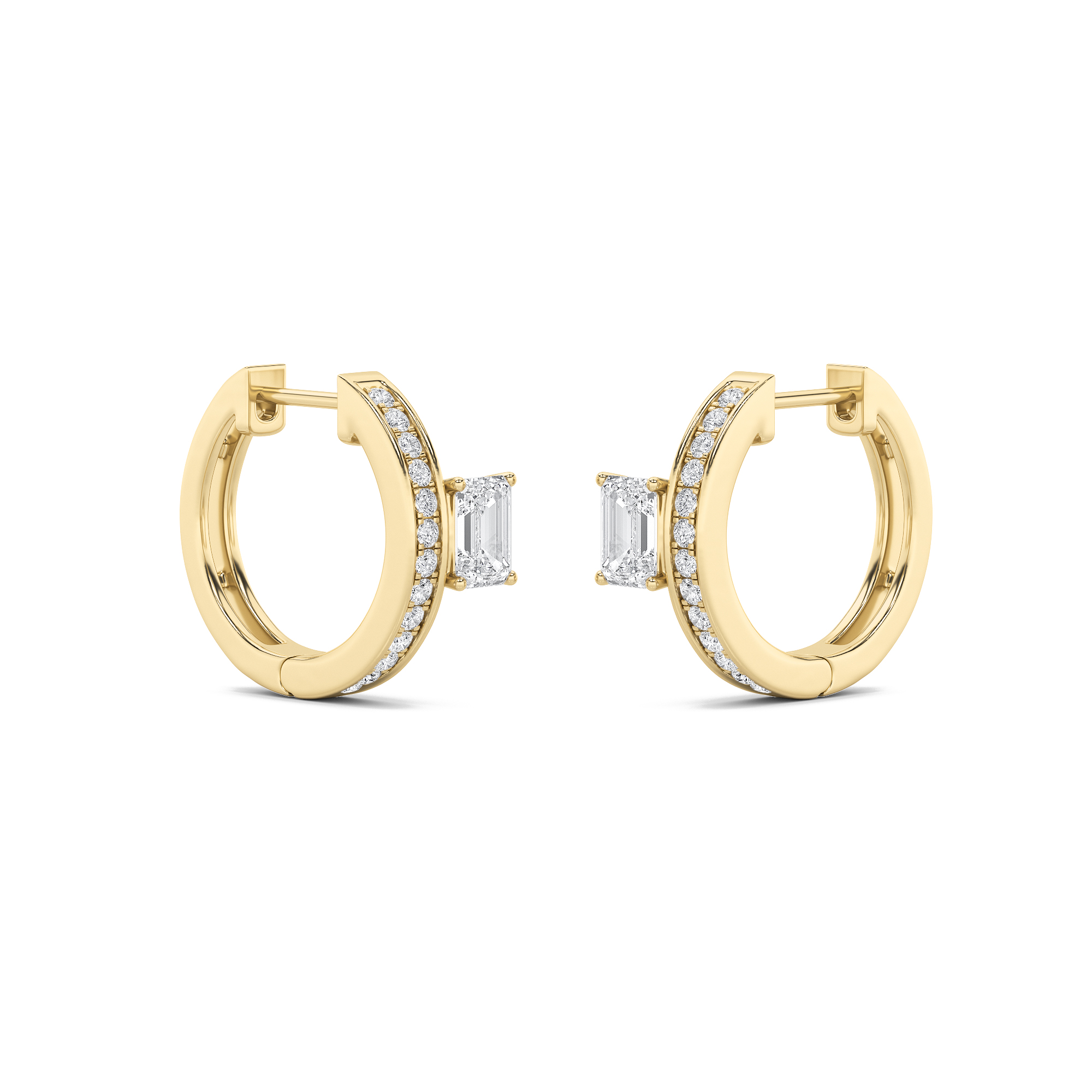 Emerald Shaped Lab Grown Diamond (F/VS) Accented Huggie Earrings in 14K Gold