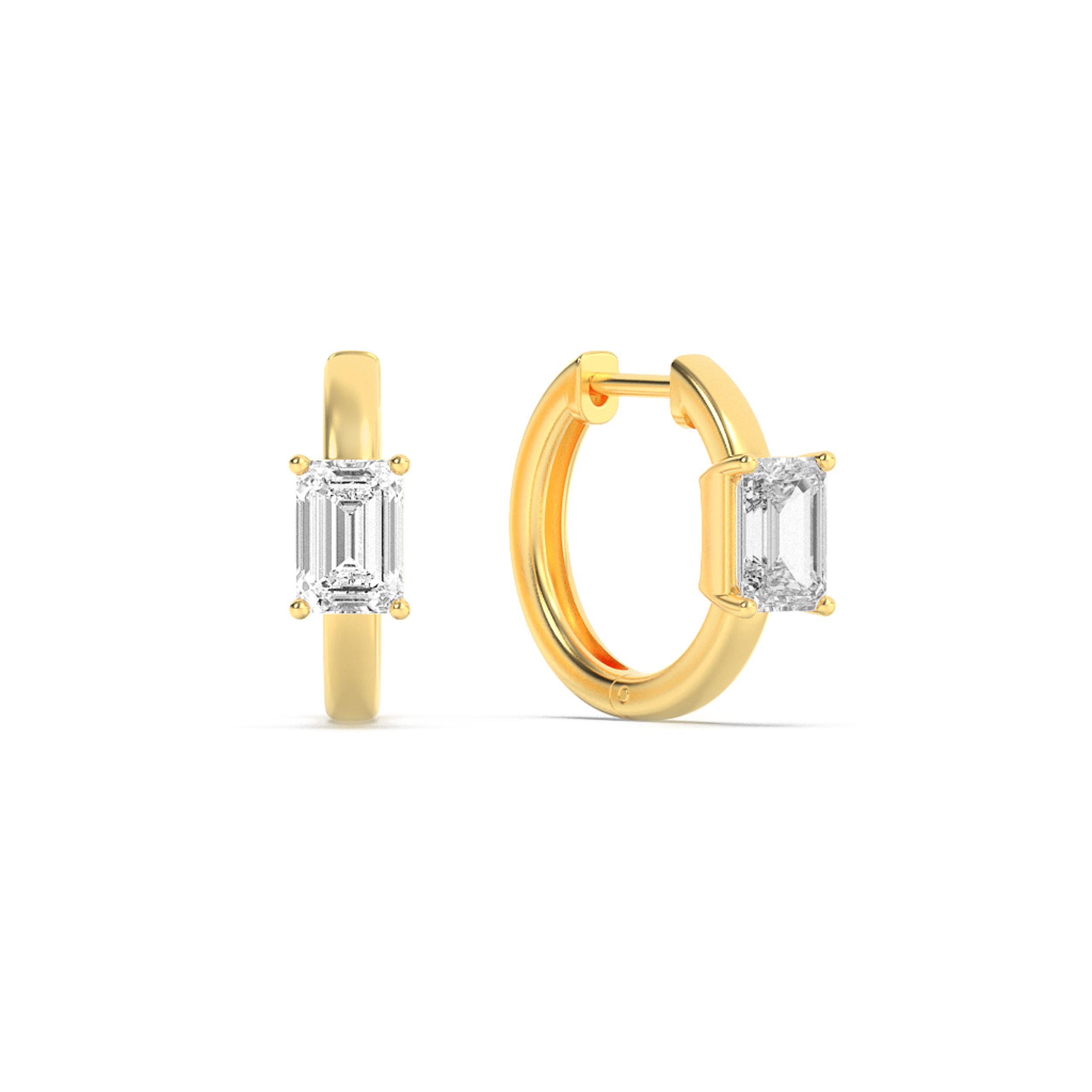 Emerald Shaped Lab Grown Diamond (F/VS) Solitaire Huggie Earrings in 14K Gold