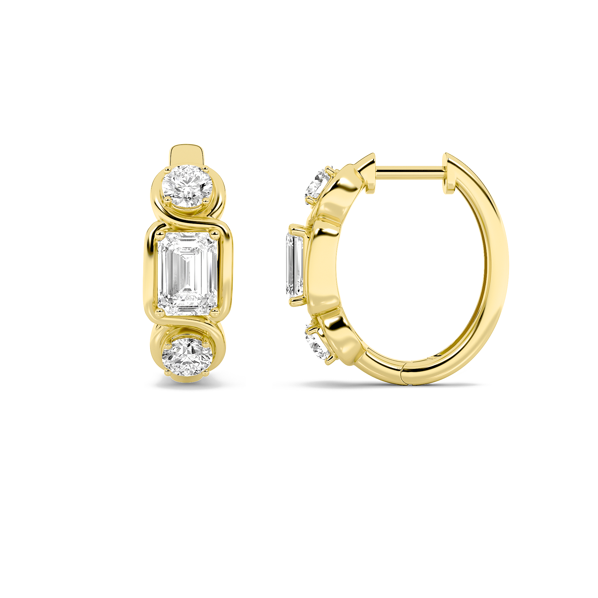 Emerald Shaped Lab Grown Diamond (F/VS) Three Stone Earrings in 14K Gold