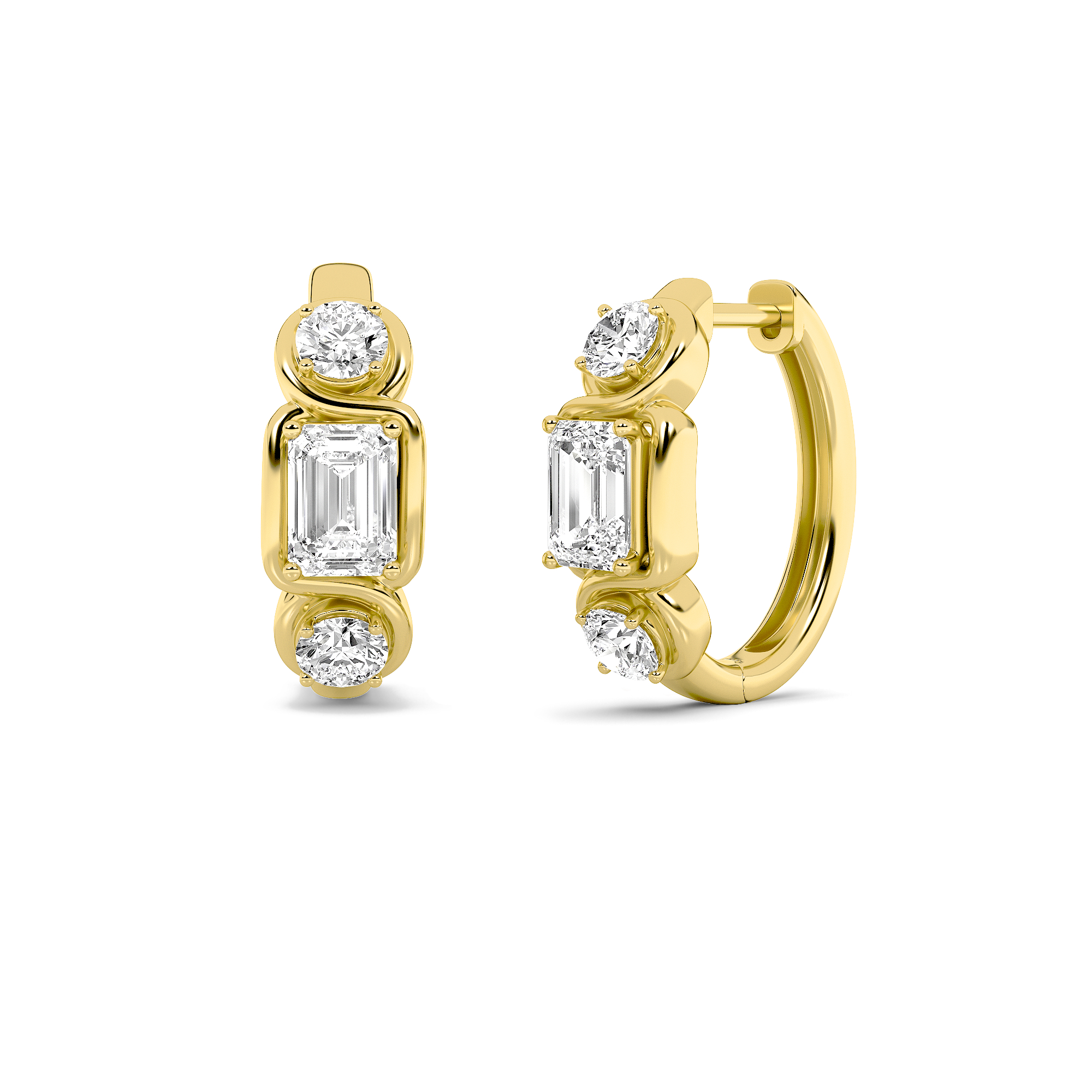 Emerald Shaped Lab Grown Diamond (F/VS) Three Stone Earrings in 14K Gold