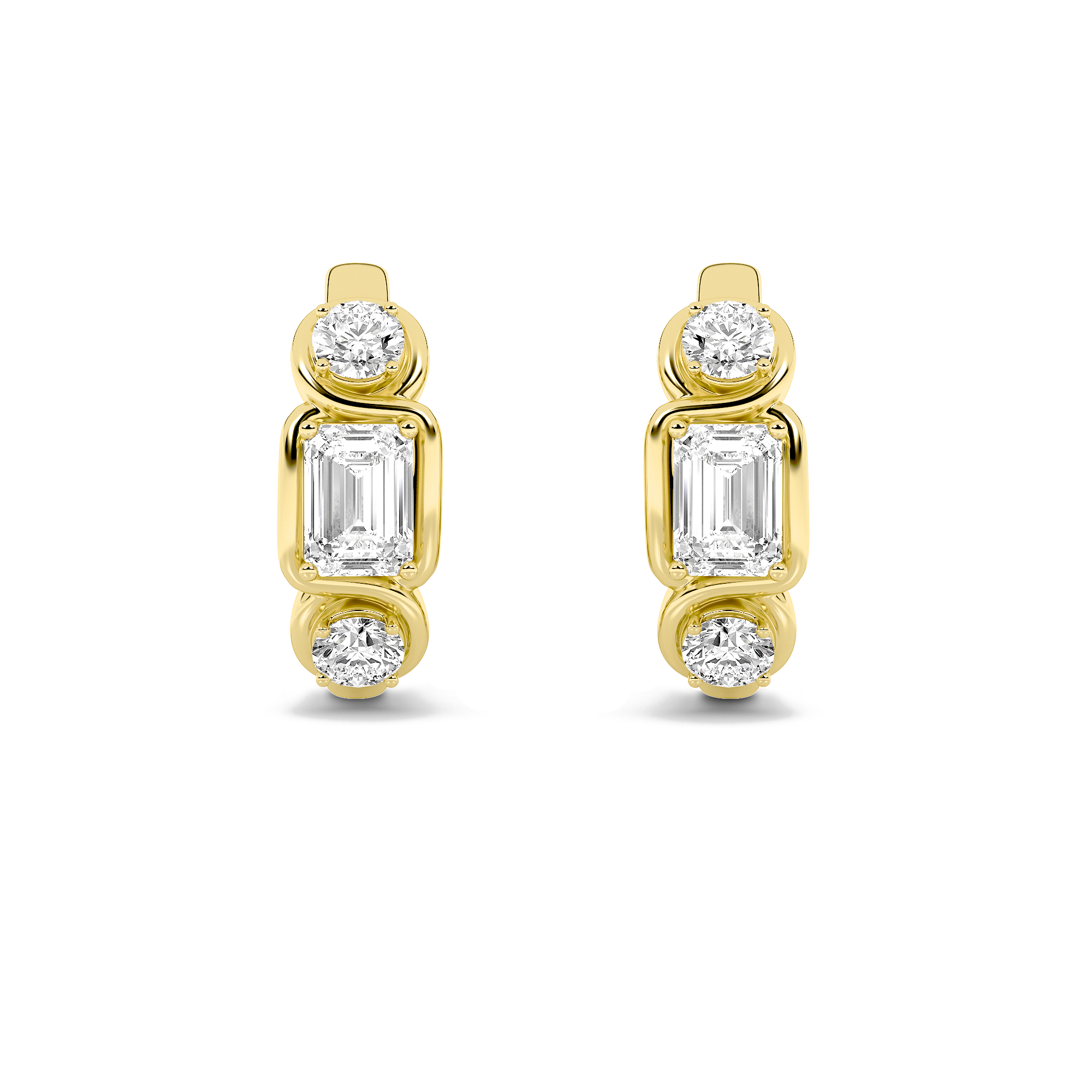 Emerald Shaped Lab Grown Diamond (F/VS) Three Stone Earrings in 14K Gold