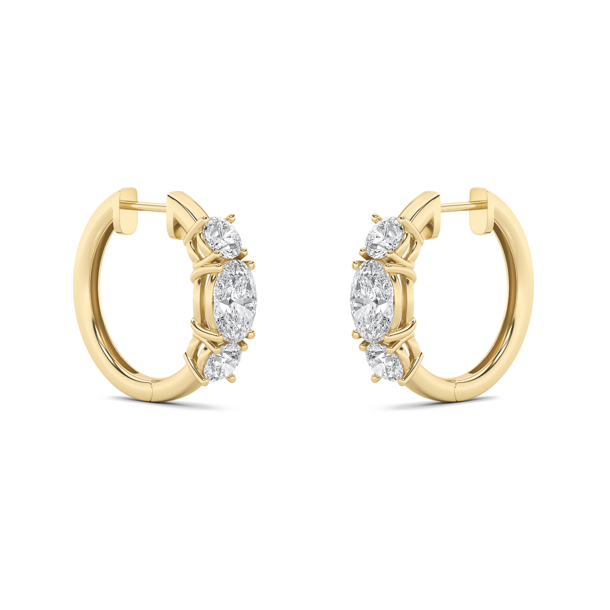 Oval Shaped Lab Grown Diamond (F/VS) Three Stone Huggie Earrings in 14K Gold