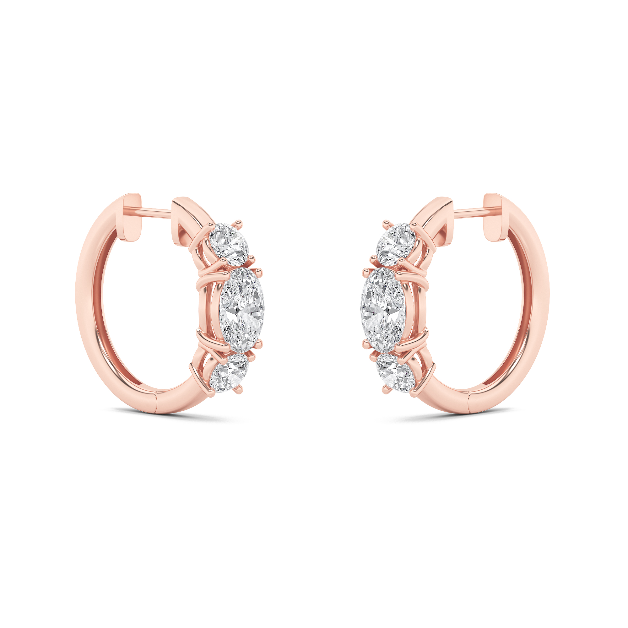 Oval Shaped Lab Grown Diamond (F/VS) Three Stone Huggie Earrings in 14K Gold