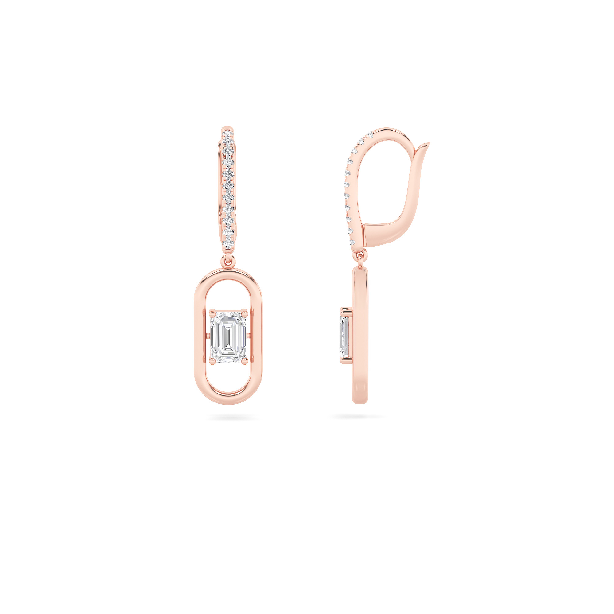 Emerald Shaped Lab Grown Diamond (F/VS) Paperclip Dangle Earrings in 14K Gold