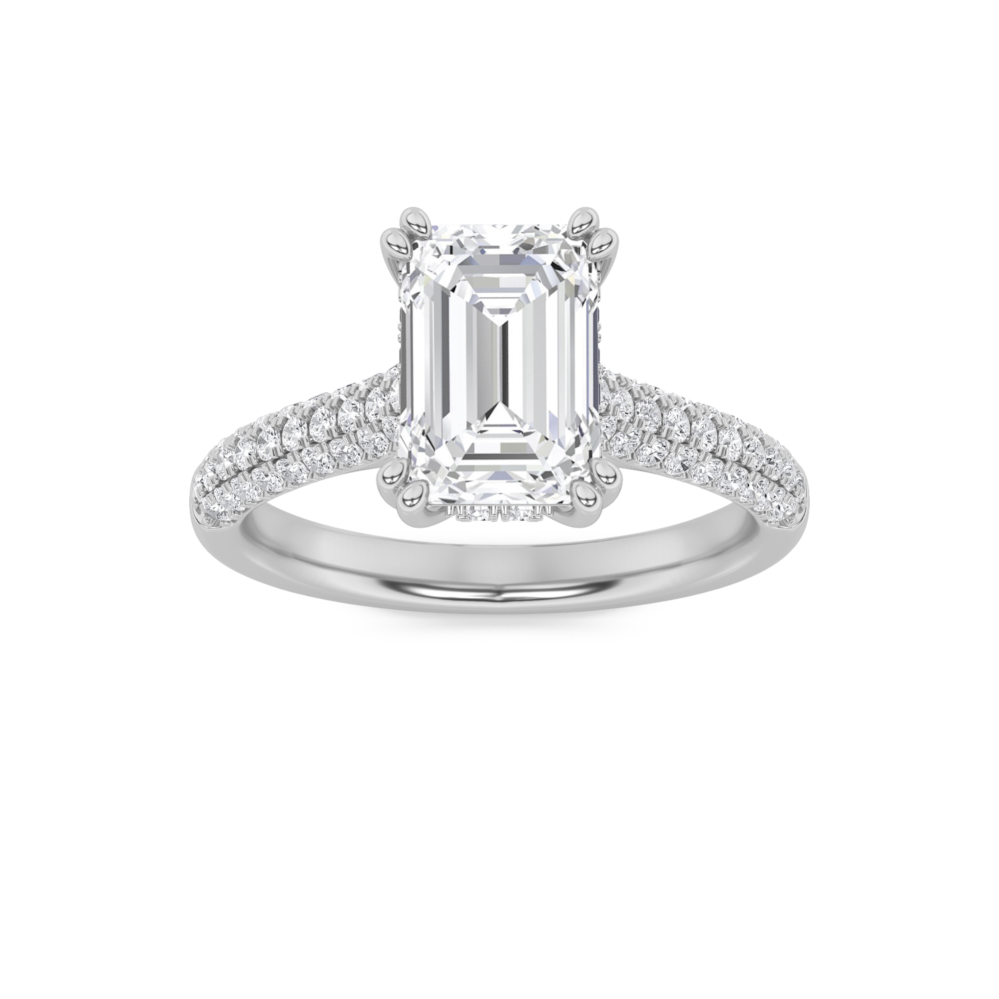 Emerald Shaped Lab Grown Diamond (F/VS) Triple Row Accented Engagement Ring in 14K Gold