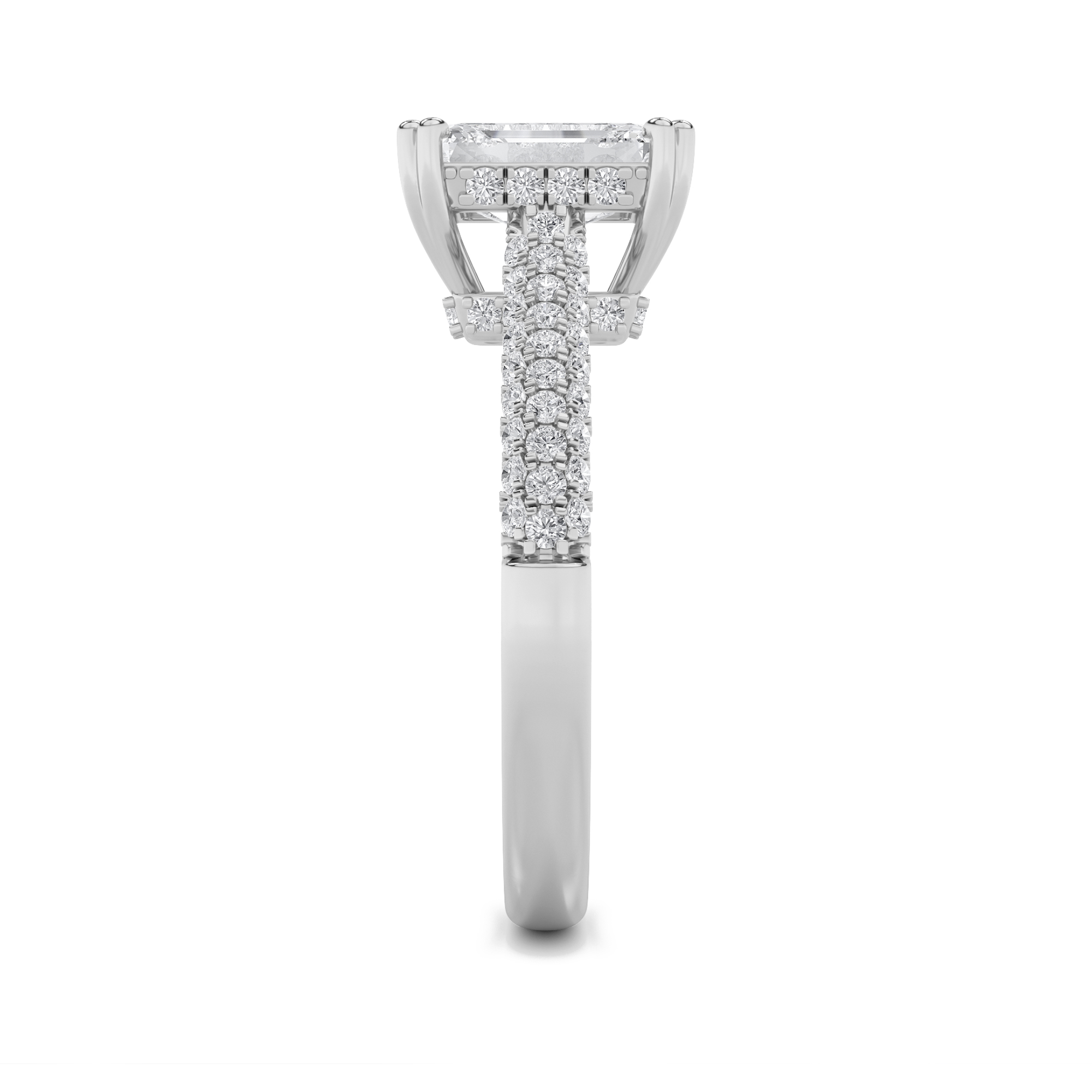 Emerald Shaped Lab Grown Diamond (F/VS) Triple Row Accented Engagement Ring in 14K Gold