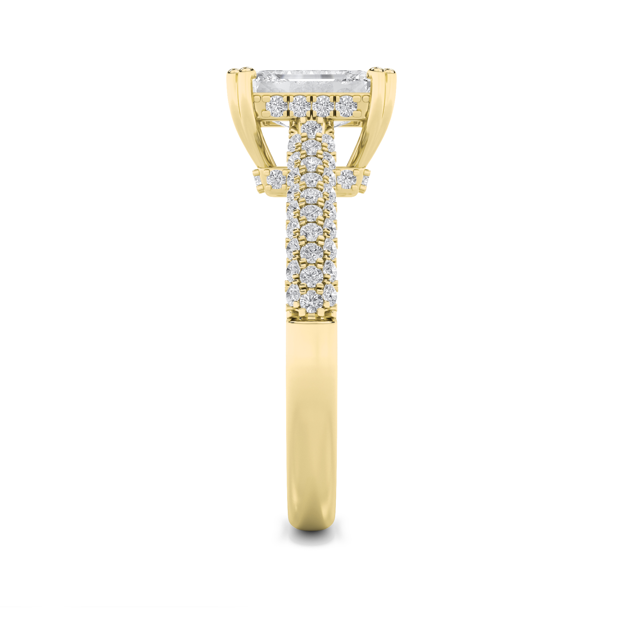 Emerald Shaped Lab Grown Diamond (F/VS) Triple Row Accented Engagement Ring in 14K Gold