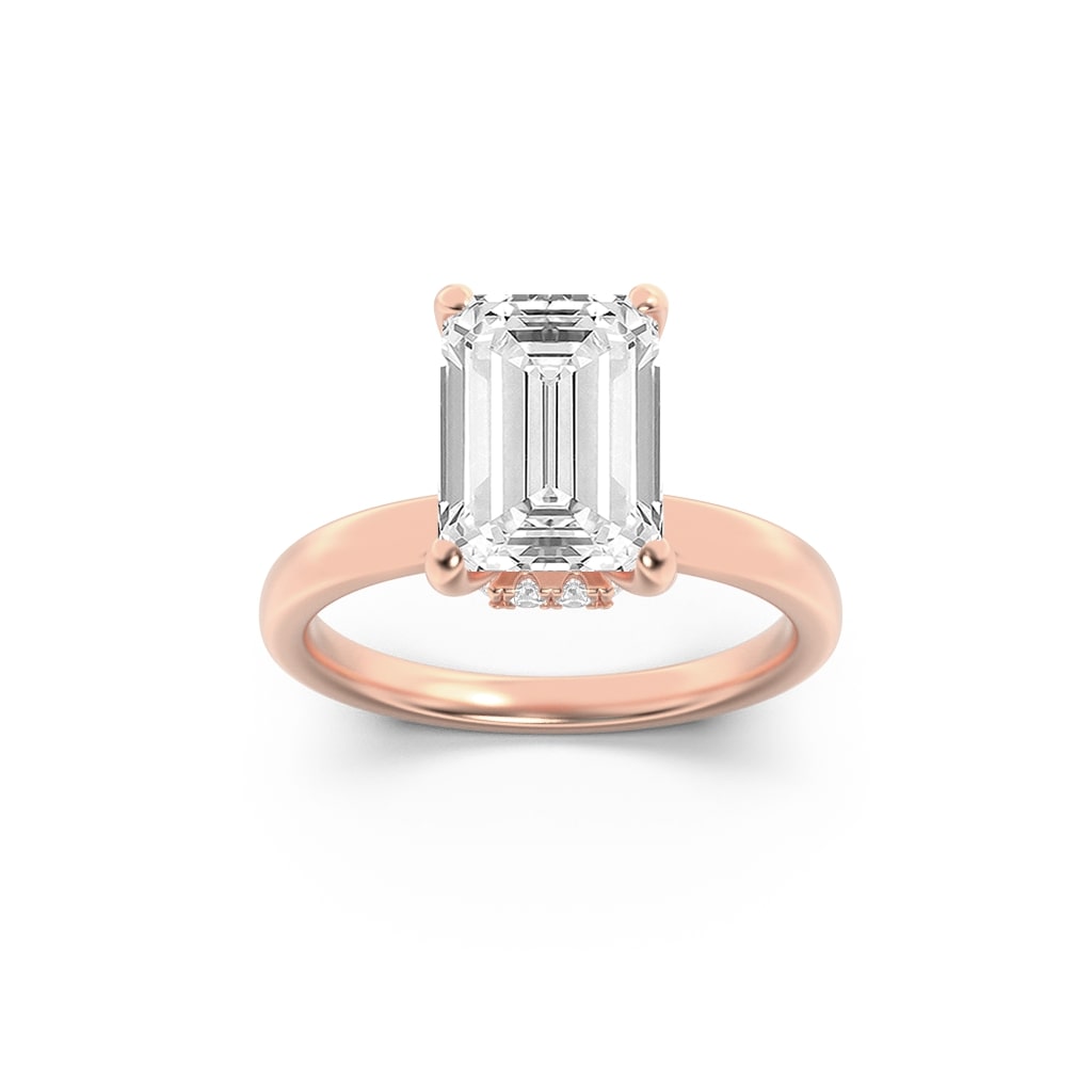 Emerald Shaped Lab Grown Diamond (F/VS) Hidden Halo Plain Shank Engagement Ring in 14K Gold