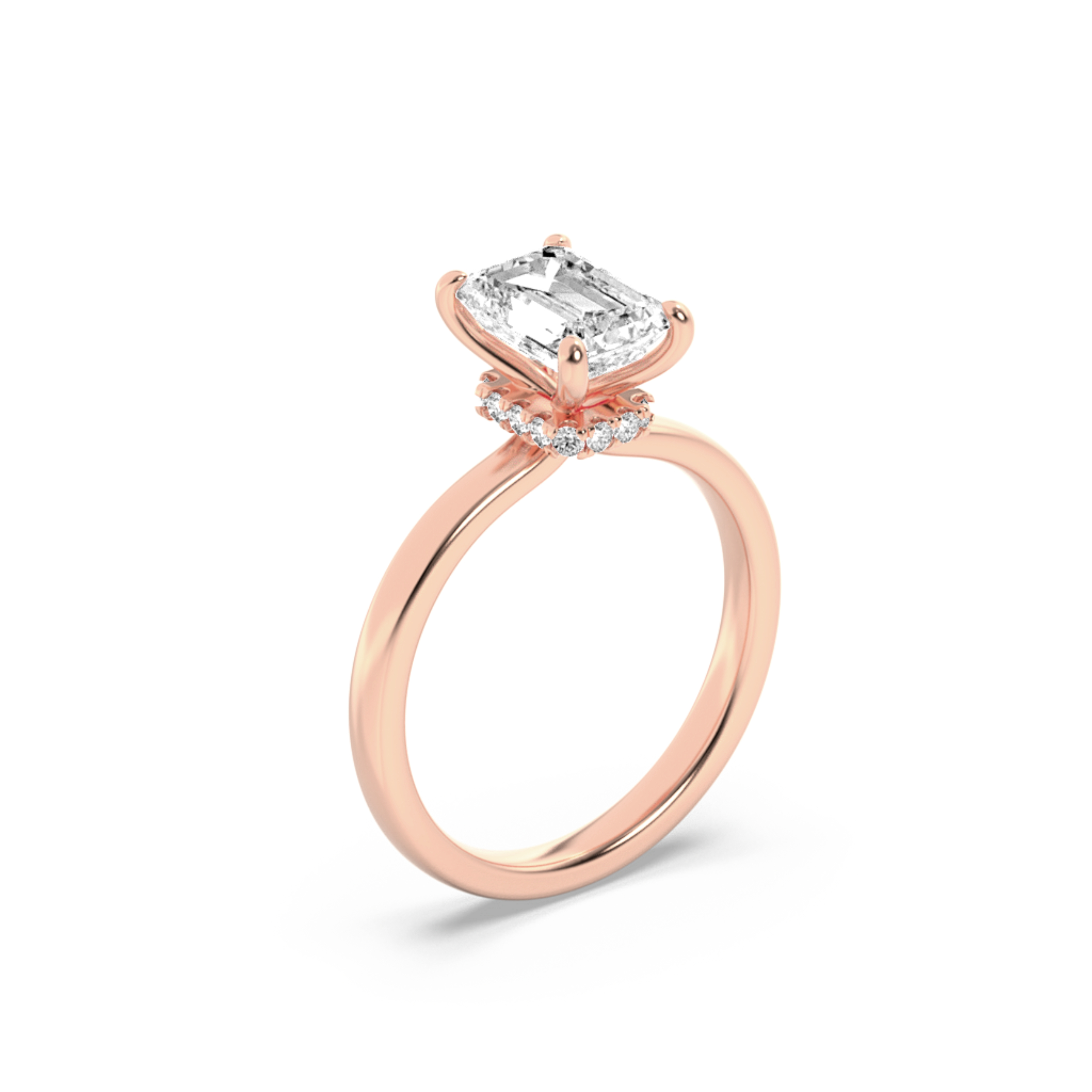 Emerald Shaped Lab Grown Diamond (F/VS) Hidden Halo Plain Shank Engagement Ring in 14K Gold