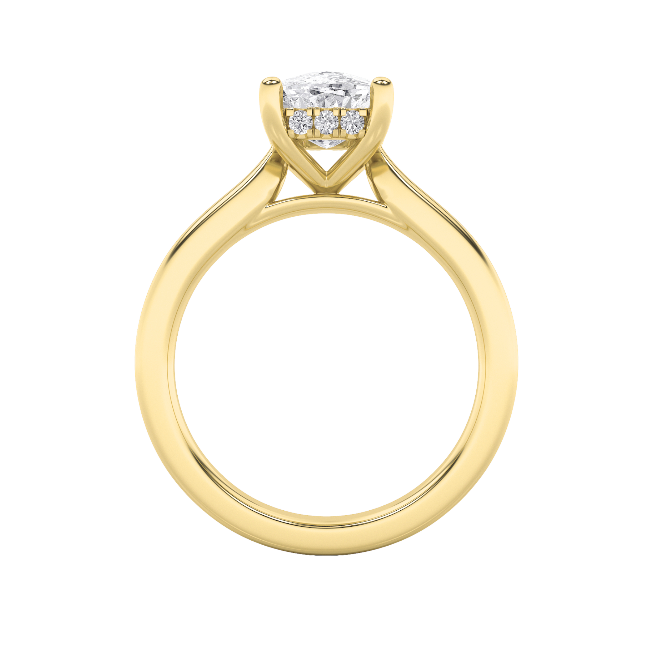Elongated Cushion Shaped Lab Grown Diamond (F/VS) Hidden Halo Cathedral Shank Engagement Ring in 14K Gold