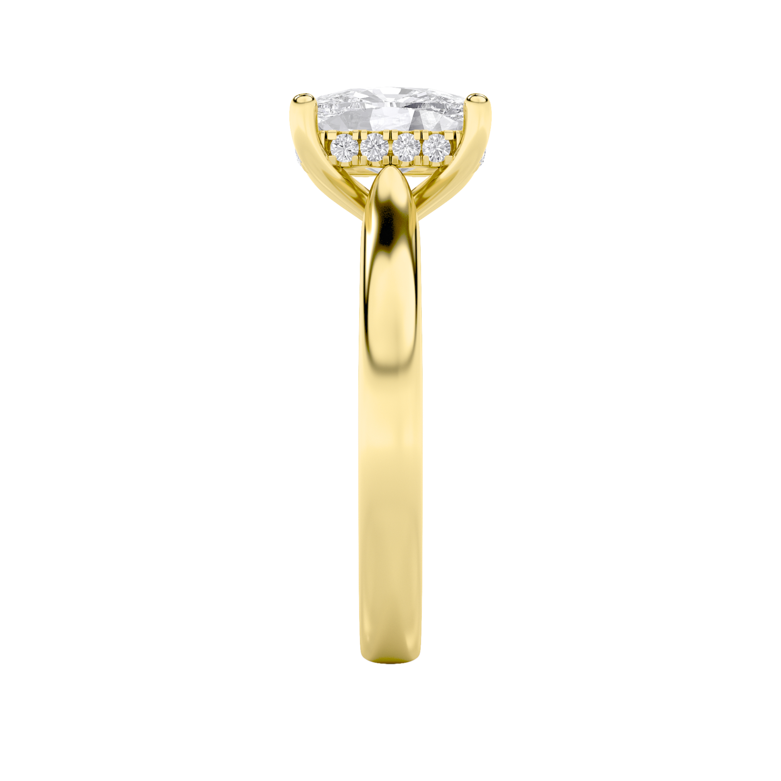 Elongated Cushion Shaped Lab Grown Diamond (F/VS) Hidden Halo Cathedral Shank Engagement Ring in 14K Gold