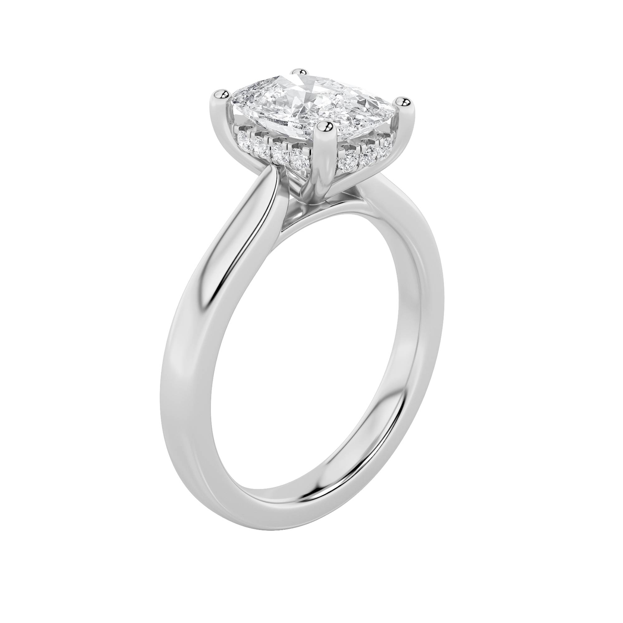 Elongated Cushion Shaped Lab Grown Diamond (F/VS) Hidden Halo Cathedral Shank Engagement Ring in 14K Gold