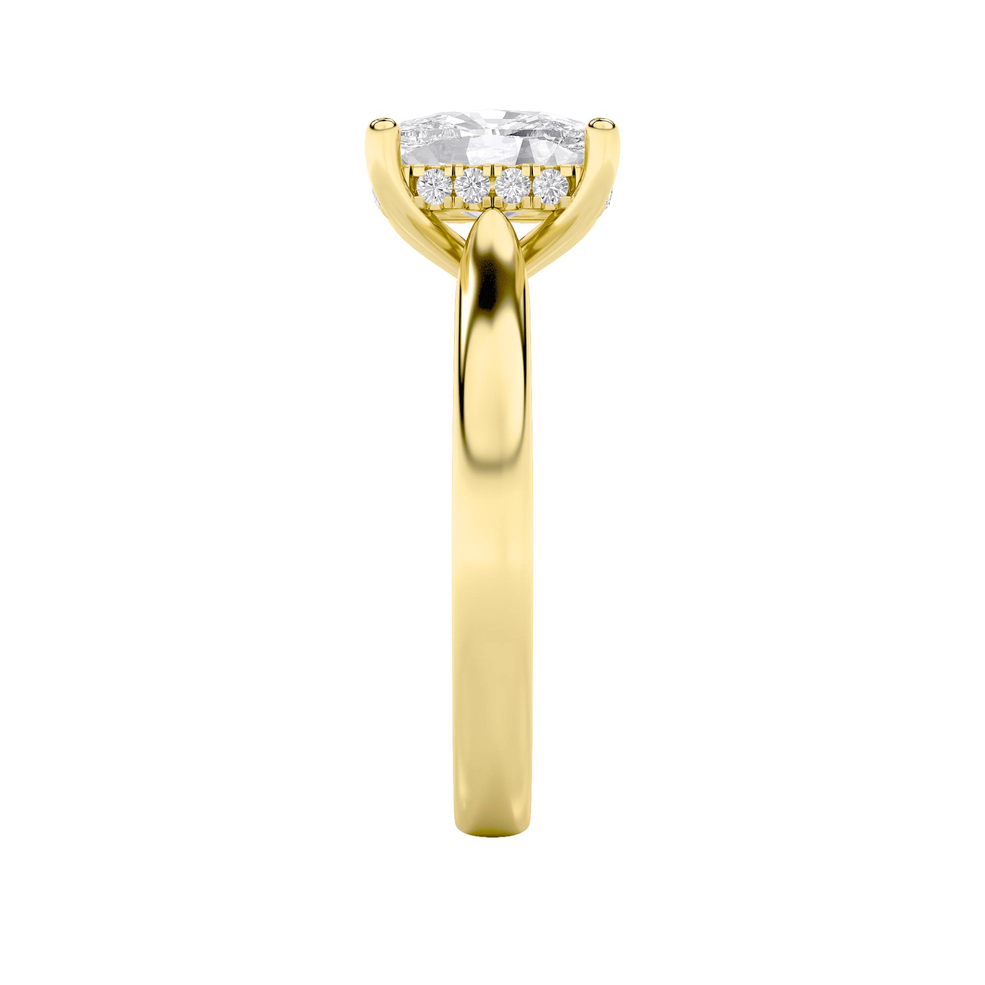 Elongated Cushion Shaped Lab Grown Diamond (F/VS) Hidden Halo Cathedral Shank Engagement Ring in 14K Gold