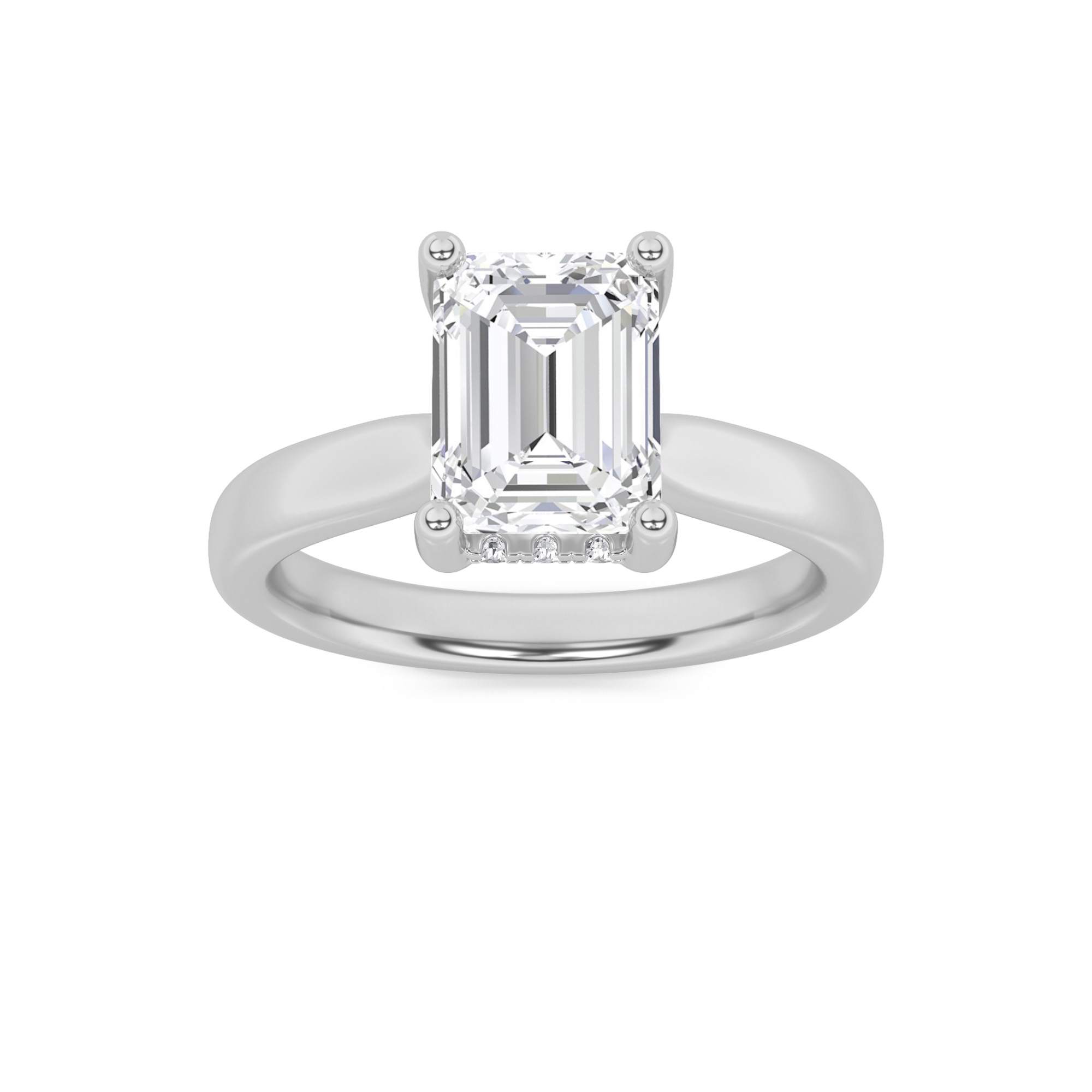 Emerald Shaped Lab Grown Diamond (F/VS) Hidden Halo Cathedral Shank Engagement Ring in 14K Gold