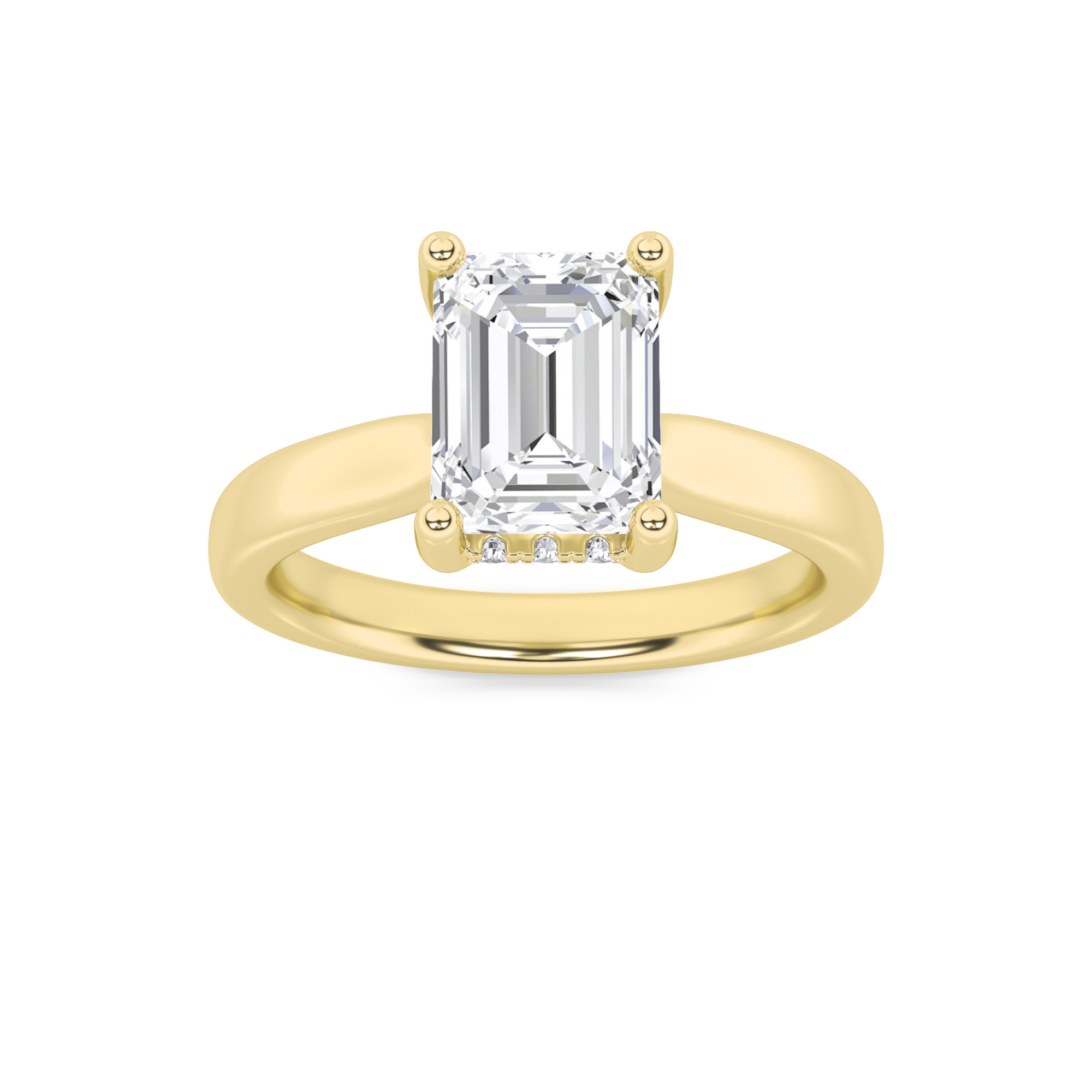 Emerald Shaped Lab Grown Diamond (F/VS) Hidden Halo Cathedral Shank Engagement Ring in 14K Gold