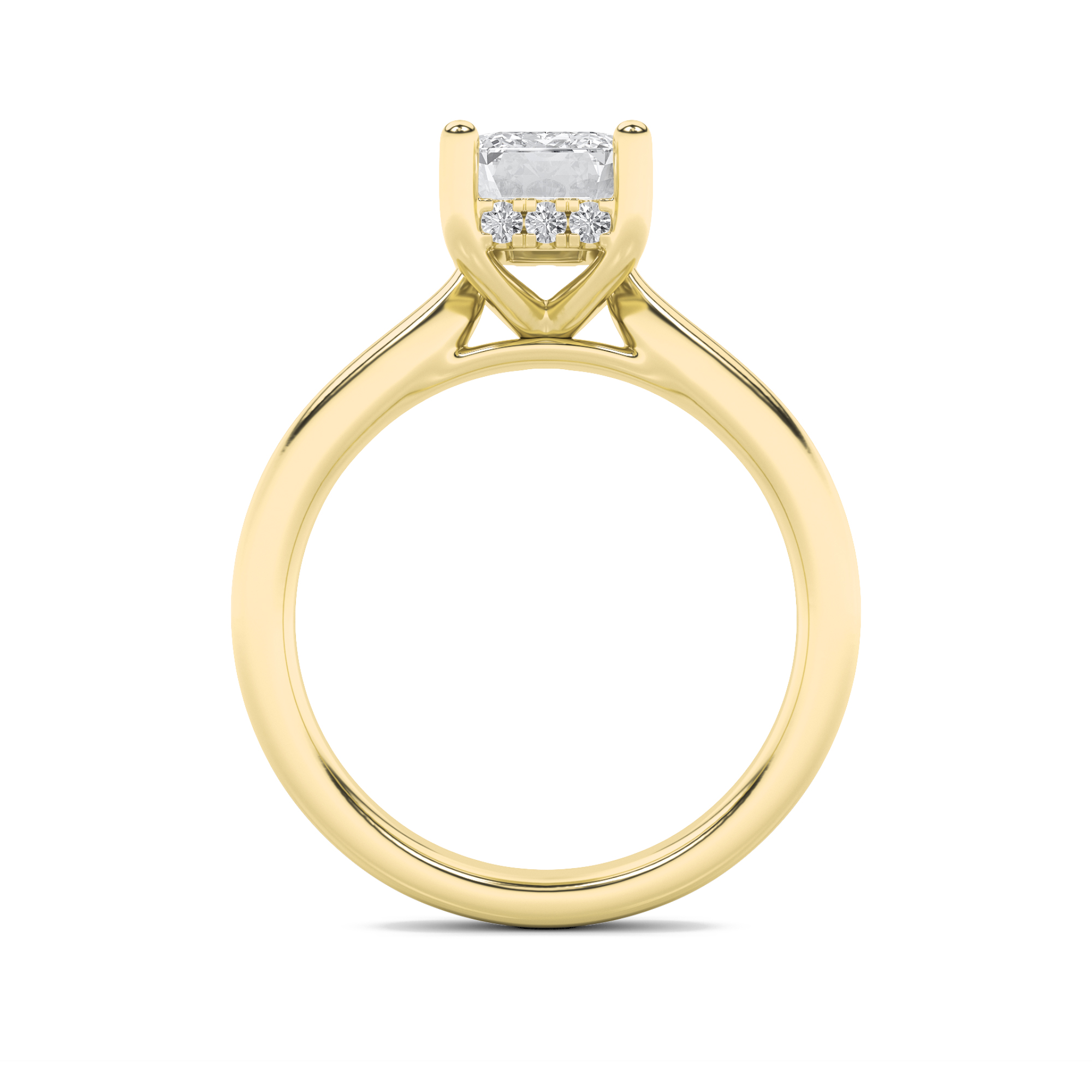 Emerald Shaped Lab Grown Diamond (F/VS) Hidden Halo Cathedral Shank Engagement Ring in 14K Gold