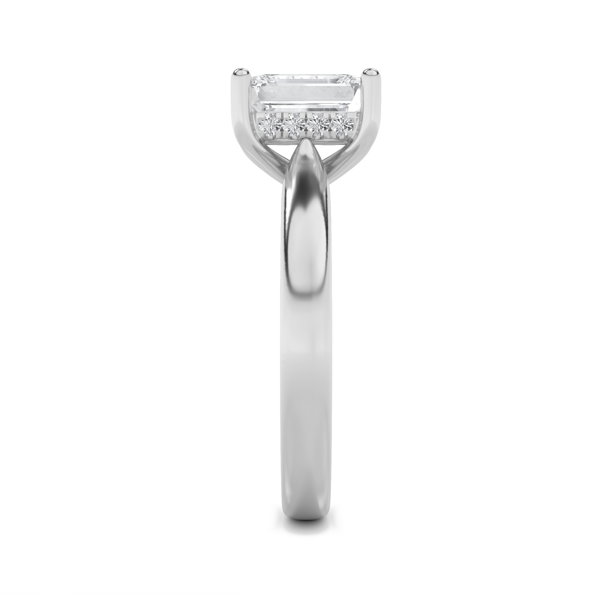 Emerald Shaped Lab Grown Diamond (F/VS) Hidden Halo Cathedral Shank Engagement Ring in 14K Gold