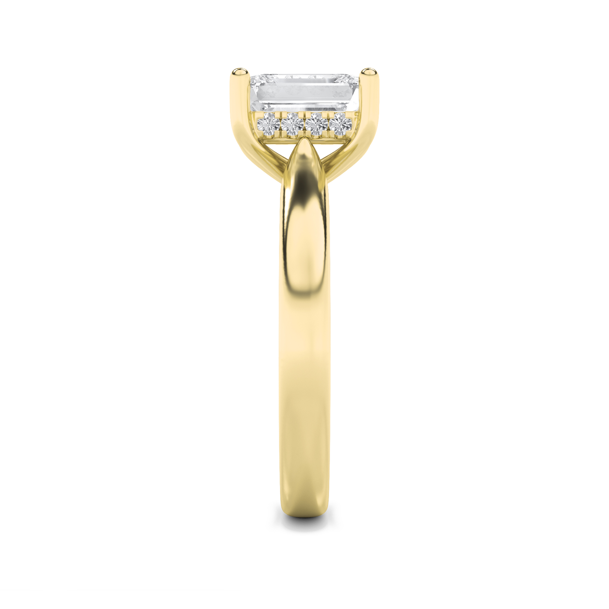 Emerald Shaped Lab Grown Diamond (F/VS) Hidden Halo Cathedral Shank Engagement Ring in 14K Gold