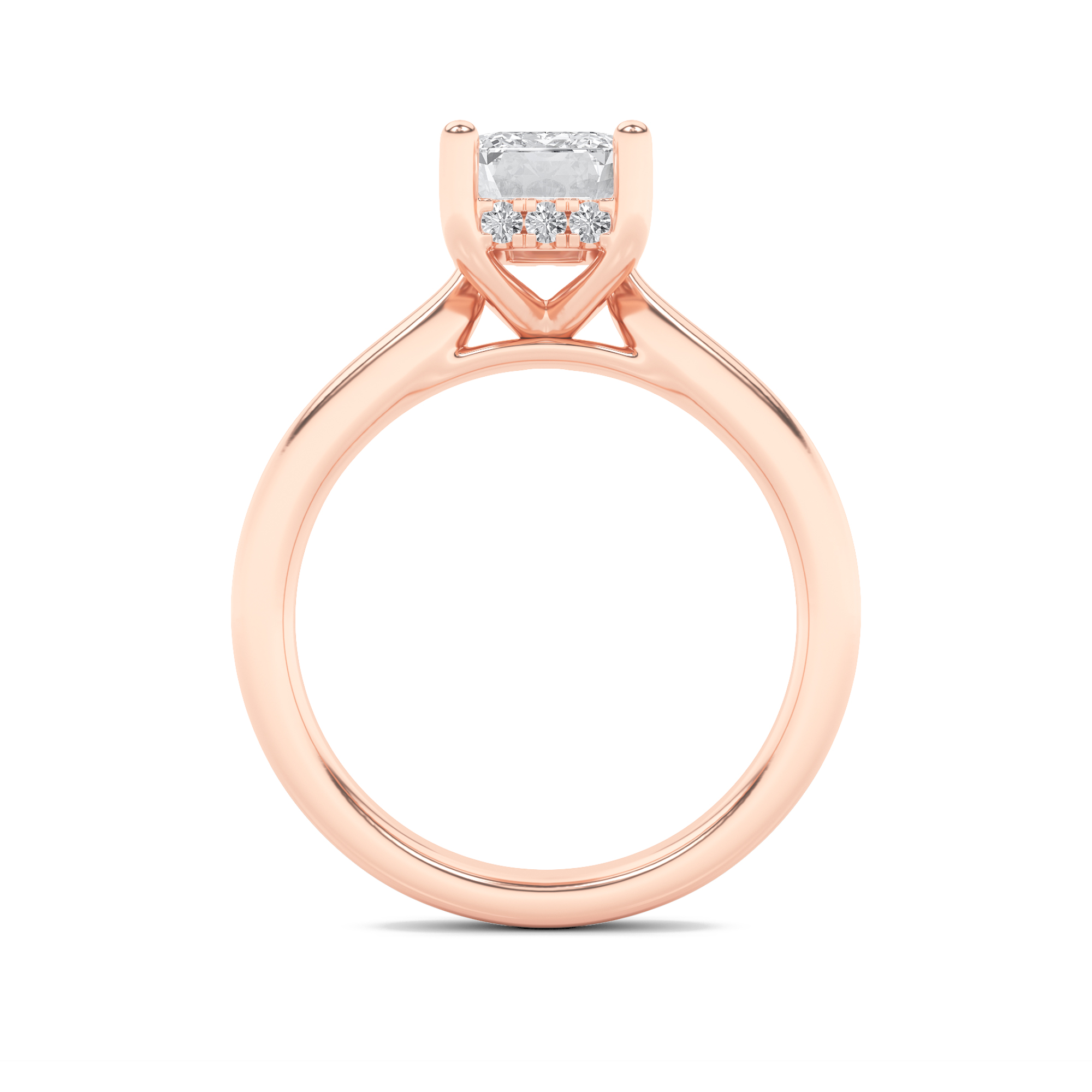 Emerald Shaped Lab Grown Diamond (F/VS) Hidden Halo Cathedral Shank Engagement Ring in 14K Gold