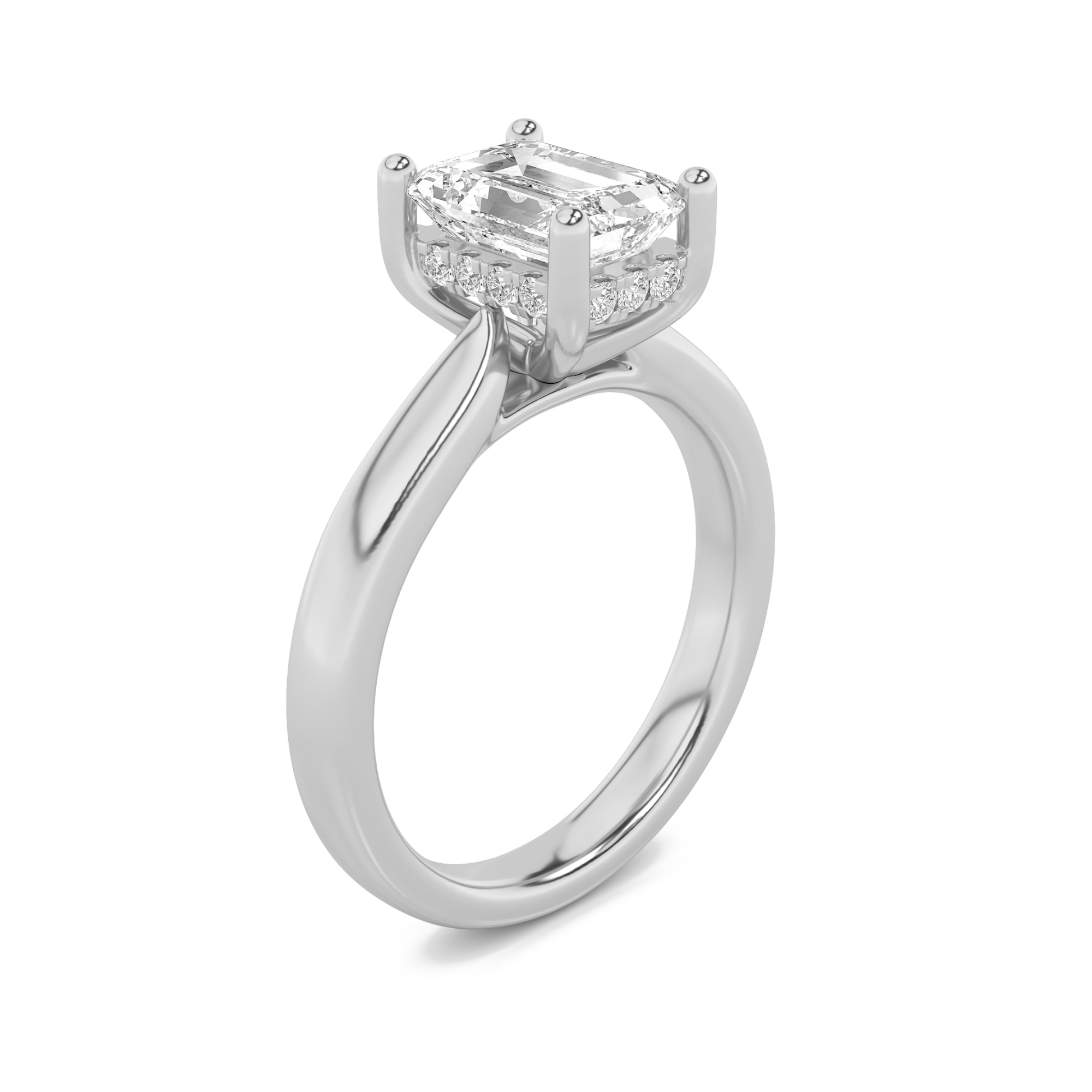 Emerald Shaped Lab Grown Diamond (F/VS) Hidden Halo Cathedral Shank Engagement Ring in 14K Gold