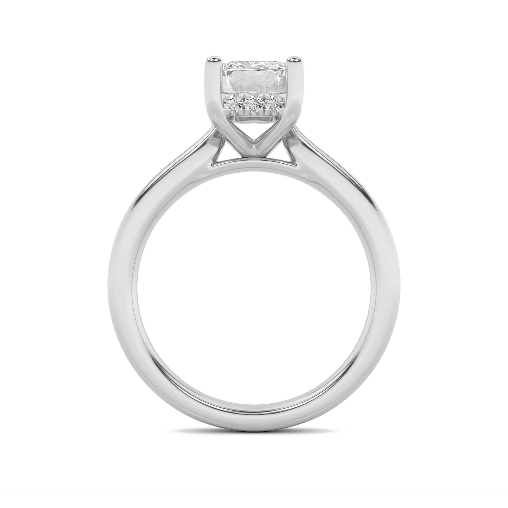 Emerald Shaped Lab Grown Diamond (F/VS) Hidden Halo Cathedral Shank Engagement Ring in 14K Gold